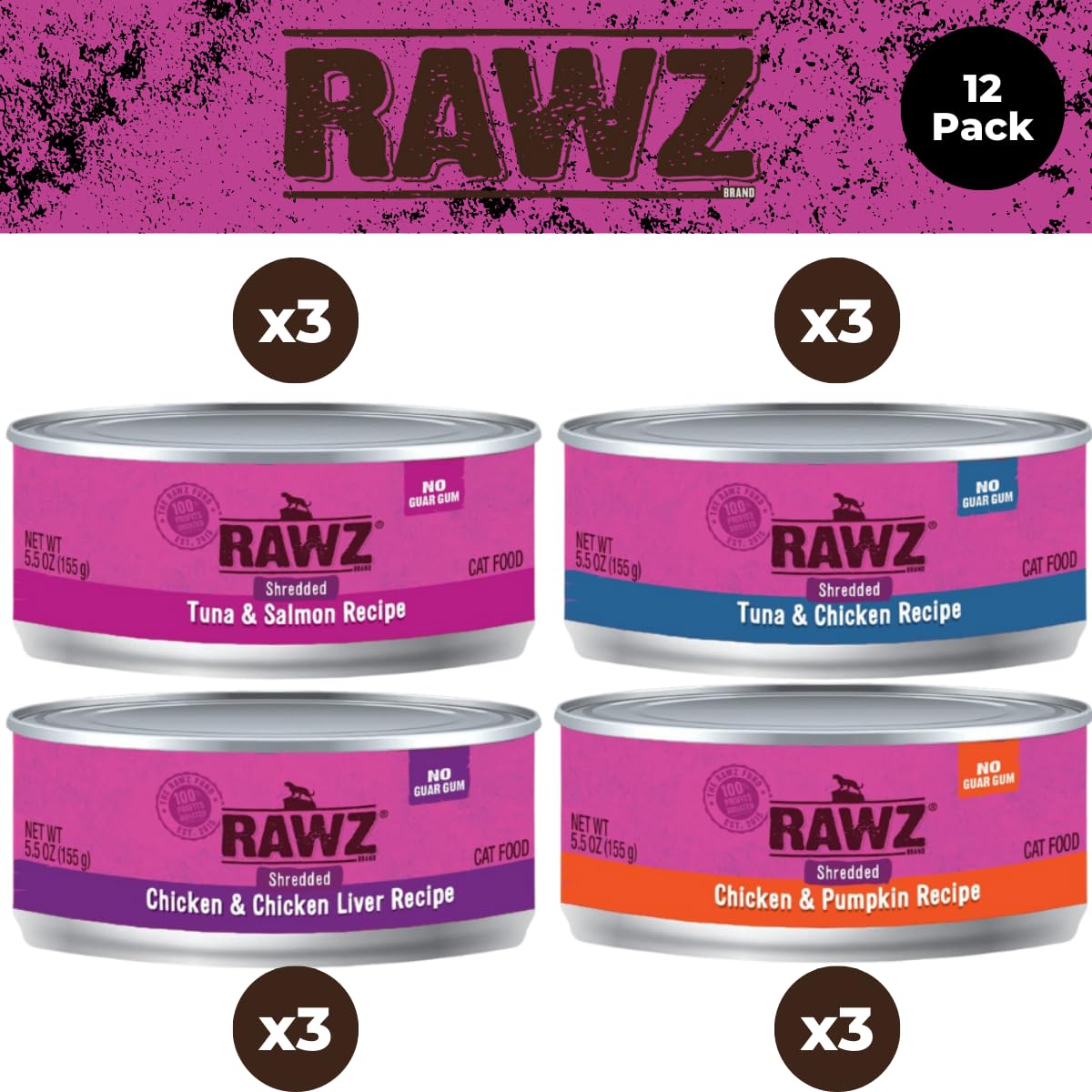 Rawz Natural Premium Canned Cat Wet Food Shredded - 12 Pack Variety Bundle with 4 Flavors (Tuna & Salmon, Chicken Liver, Tuna & Chicken, Chicken & Pumpkin) - 5.5 oz Cans - Grain-Free High Protein Meal for Adult Cats - Perfect for Picky Eaters & Daily Feeding