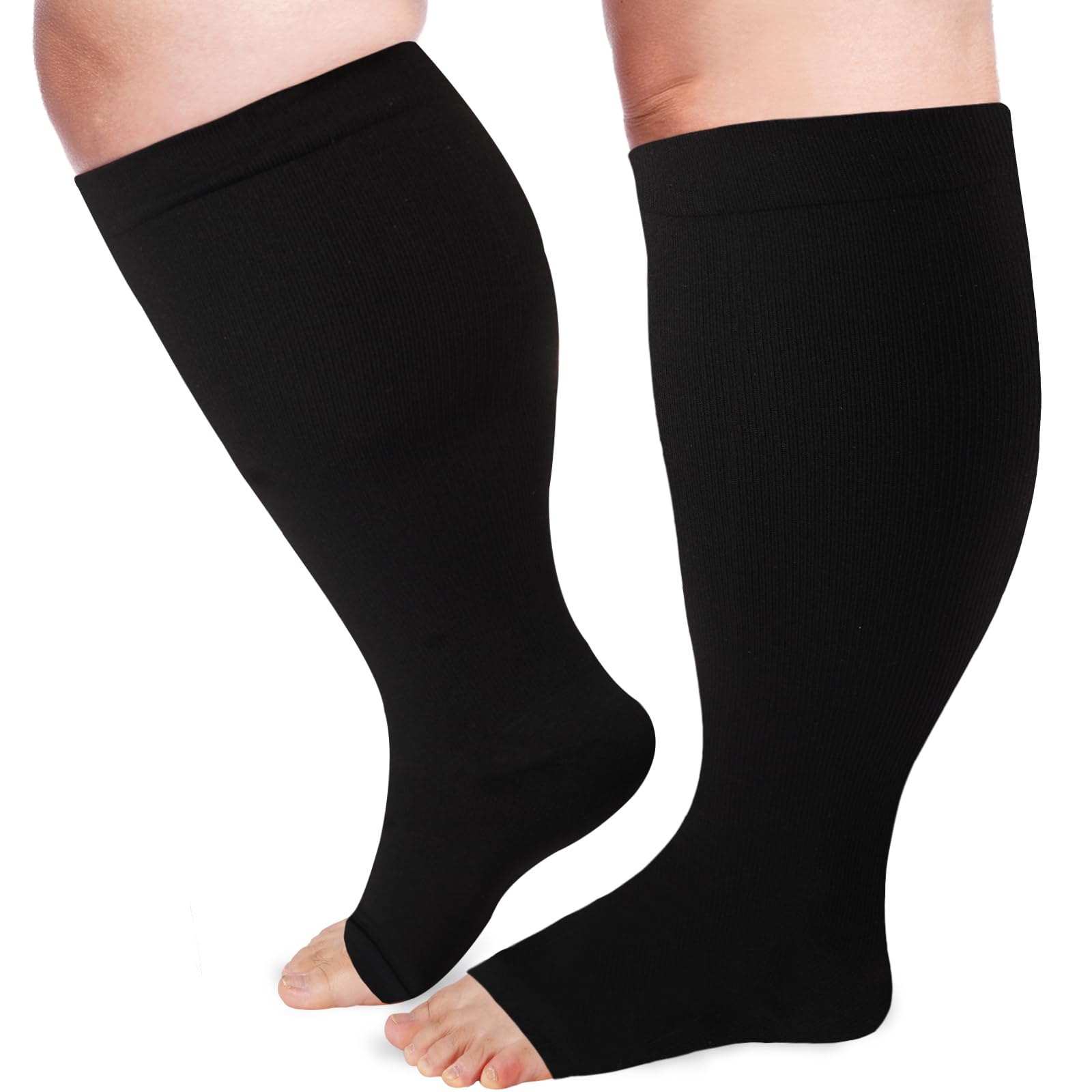 LOUSGUTA Open Toe Compression Socks 15-20 mmHg for Women & Men - Plus Size, Toeless, Wide Calf Support Knee High Socks - Ideal for Travel, Running, Nursing & Varicose Vein Relief
