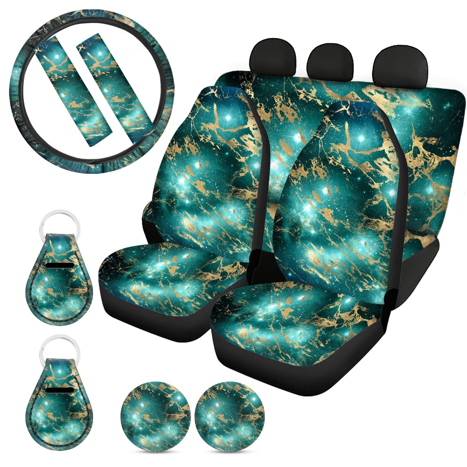 Premium Green Marble Car Seat Covers Full Set - 11 Piece Luxury Interior Protection Kit for Women (Front/Back Seats, Steering Wheel Cover, Seat Belt Covers, Cup Holder Coasters + Keychain) - Perfect for SUVs, Sedans & Daily Commuting