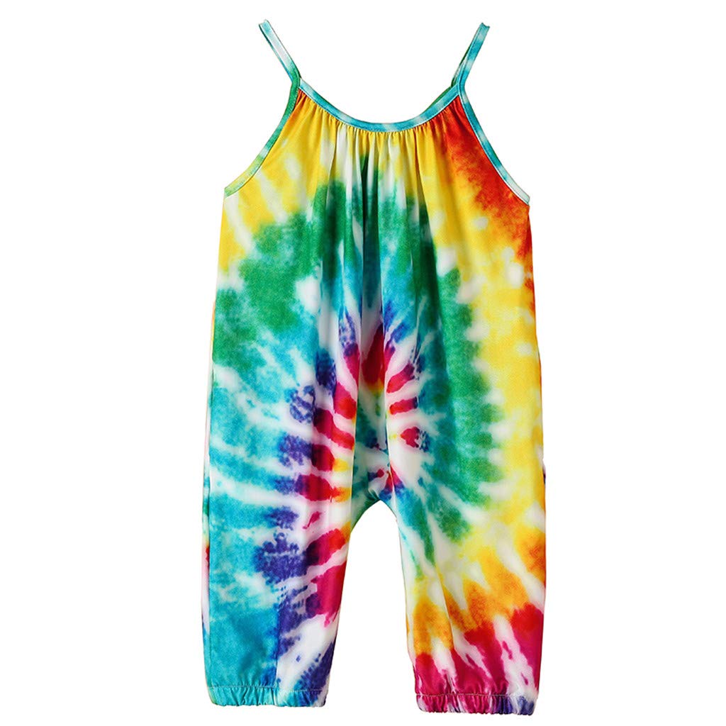 **Rainbow Tie-Dyed Toddler Girls Jumpsuit - Adjustable Strap Harem Romper Outfit for Baby & Kids | Perfect for Playdates, Parties & Casual Wear**