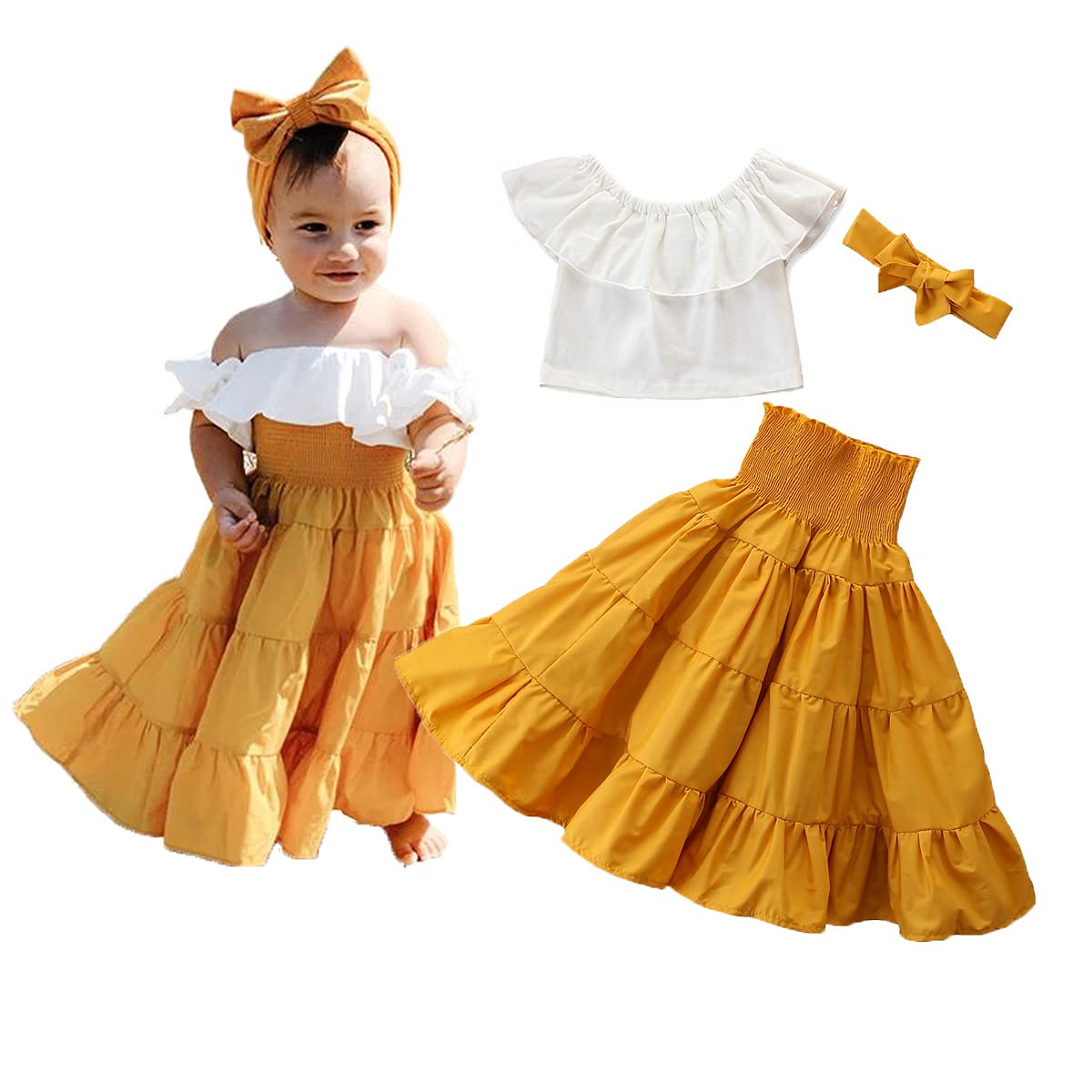 LXXIASHI 3PCS Toddler Baby Girl Outfit Set - Off Shoulder Ruffle Crop Top, Maxi Long Skirt & Headband | Summer Playdate, Birthday Party, Photo Shoot Outfits for 1-3 Years Old Girls