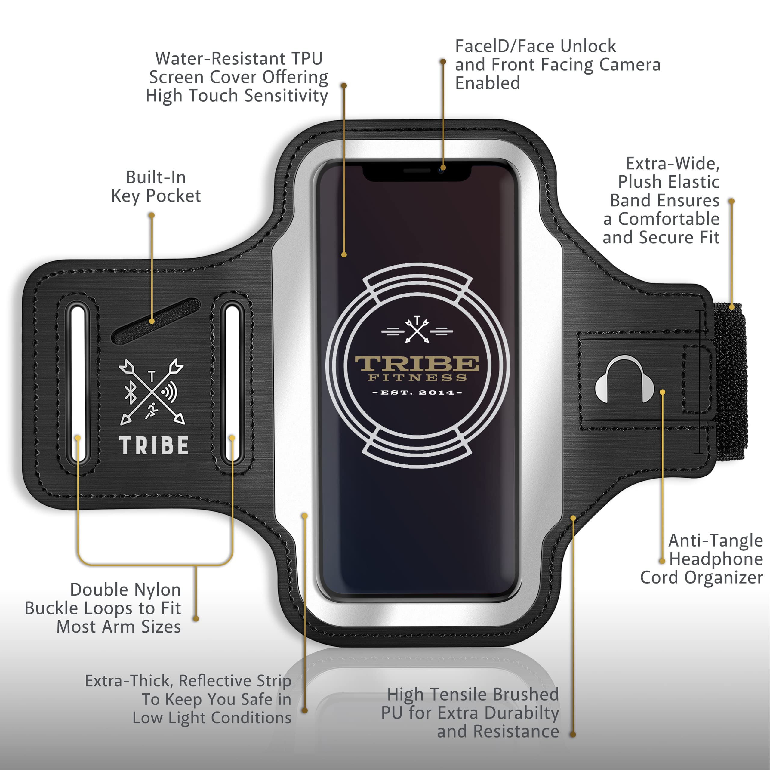 TRIBE Running Phone Holder Armband for iPhone & Galaxy - Adjustable Sports Arm Band for Men & Women - Perfect for Running, Jogging, Walking, Gym Workout - Fits All Smartphones with CC/Key Pocket - Stay Active & Connected During Workouts, Outdoor Activities & Fitness Training