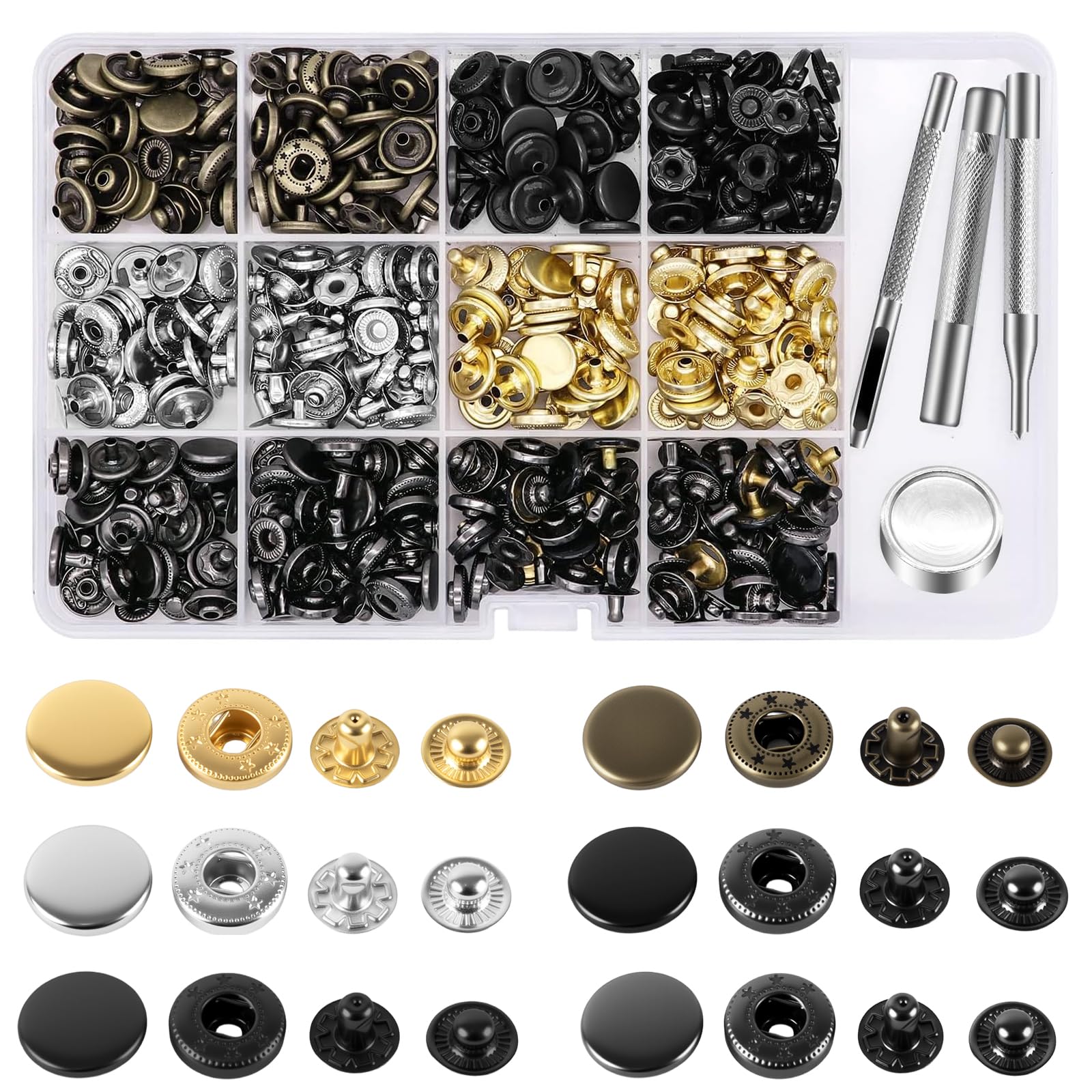 Alritz 120-Piece Leather Snap Fasteners Kit - 12.5mm Metal Button Snaps with 4 Setting Tools - 6 Color Options for DIY Clothing, Jackets, Jeans, Bracelets & Bags - Perfect for Crafting, Sewing & Leatherworking Projects