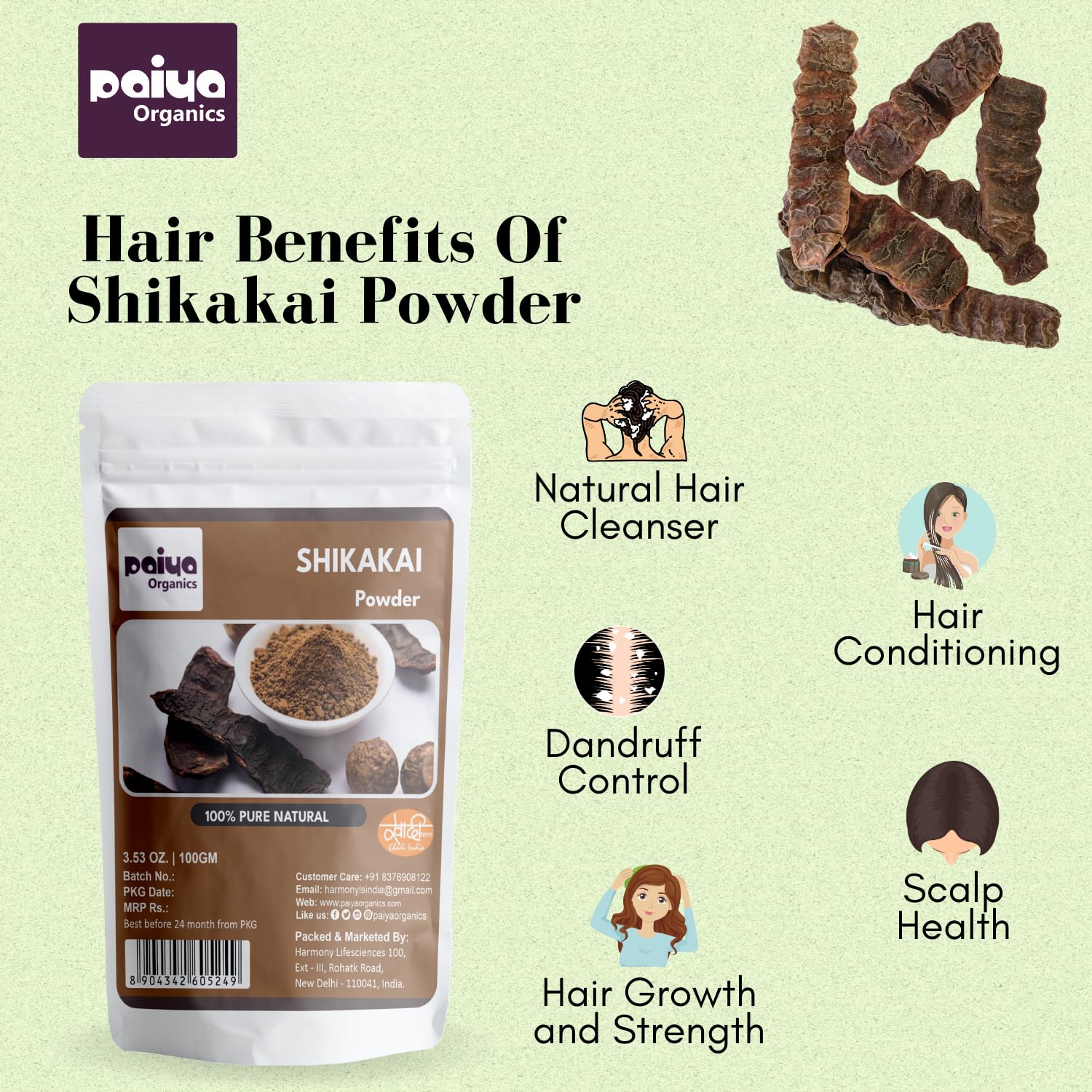 Paiya Organics 100% Pure Natural Shikakai Powder for Hair Growth - 100GM Acacia Concina Hair Cleanser & Conditioner | Ayurvedic Treatment for Strong, Shiny Hair | Perfect for Natural Hair Care Routine & DIY Beauty Treatments