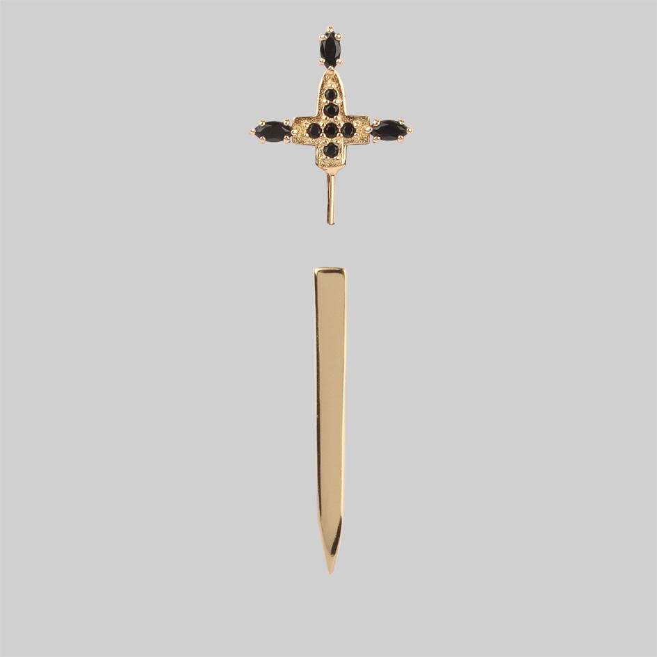 Black Spinel Gold Dagger Single Earring - Unique Gothic Jewelry for Women | Perfect for Halloween, Cosplay & Punk Fashion