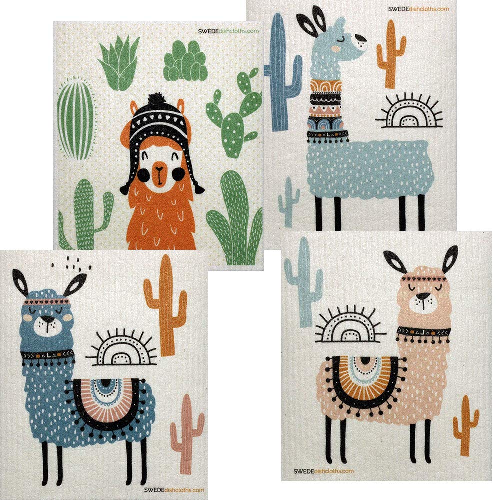 Eco-Friendly Cellulose Sponge Dish Towels Set of 4 - Reusable Swedish Dishcloths with Llama Design for Kitchen Cleaning, Dish Drying & Household Chores
