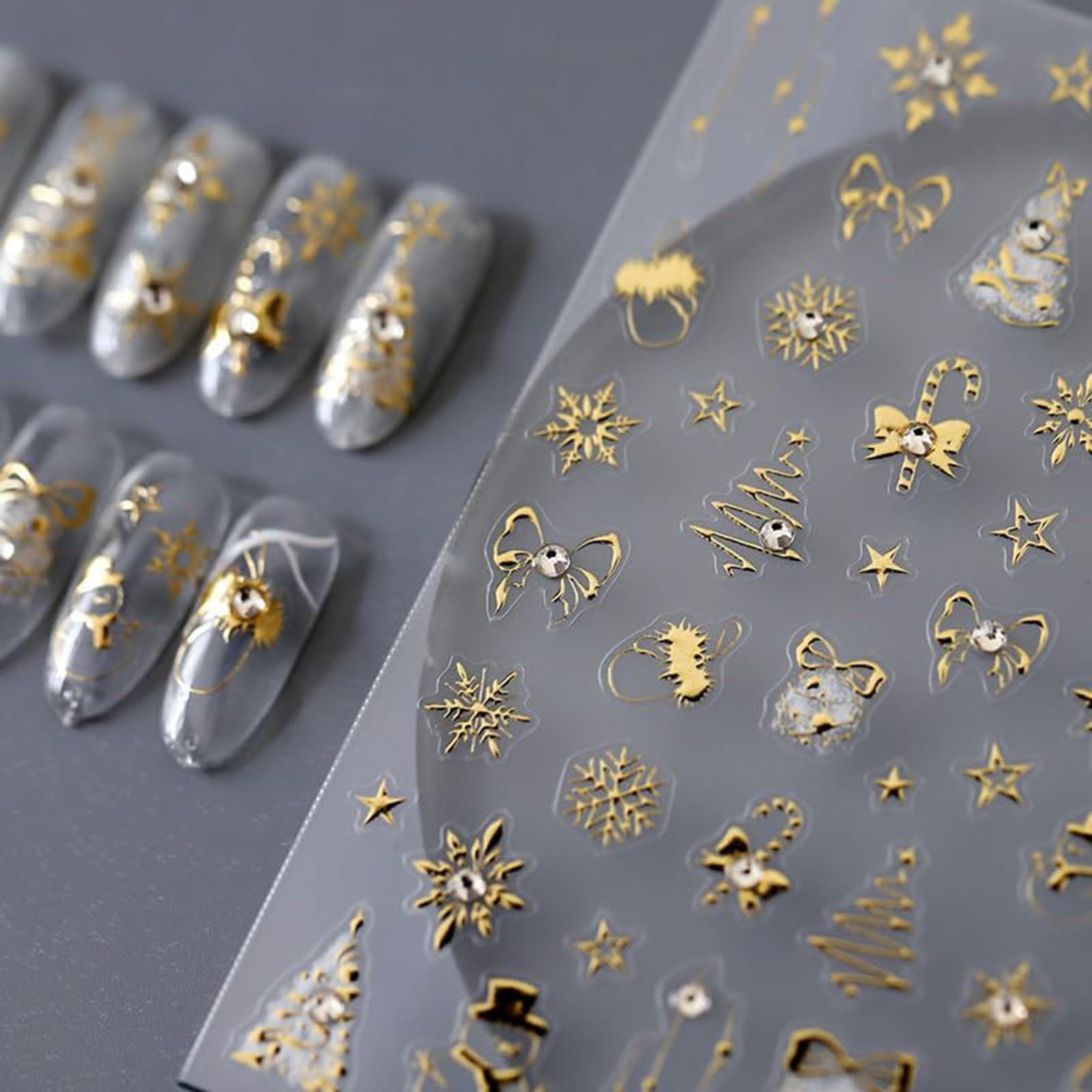 5D Gold Christmas Nail Art Stickers - Embossed Bronzing Xmas Tree, Snowman & Snowflake Nail Decals with Rhinestones for Women DIY Manicure | Holiday Party, Gift Exchange & Festive Nail Designs