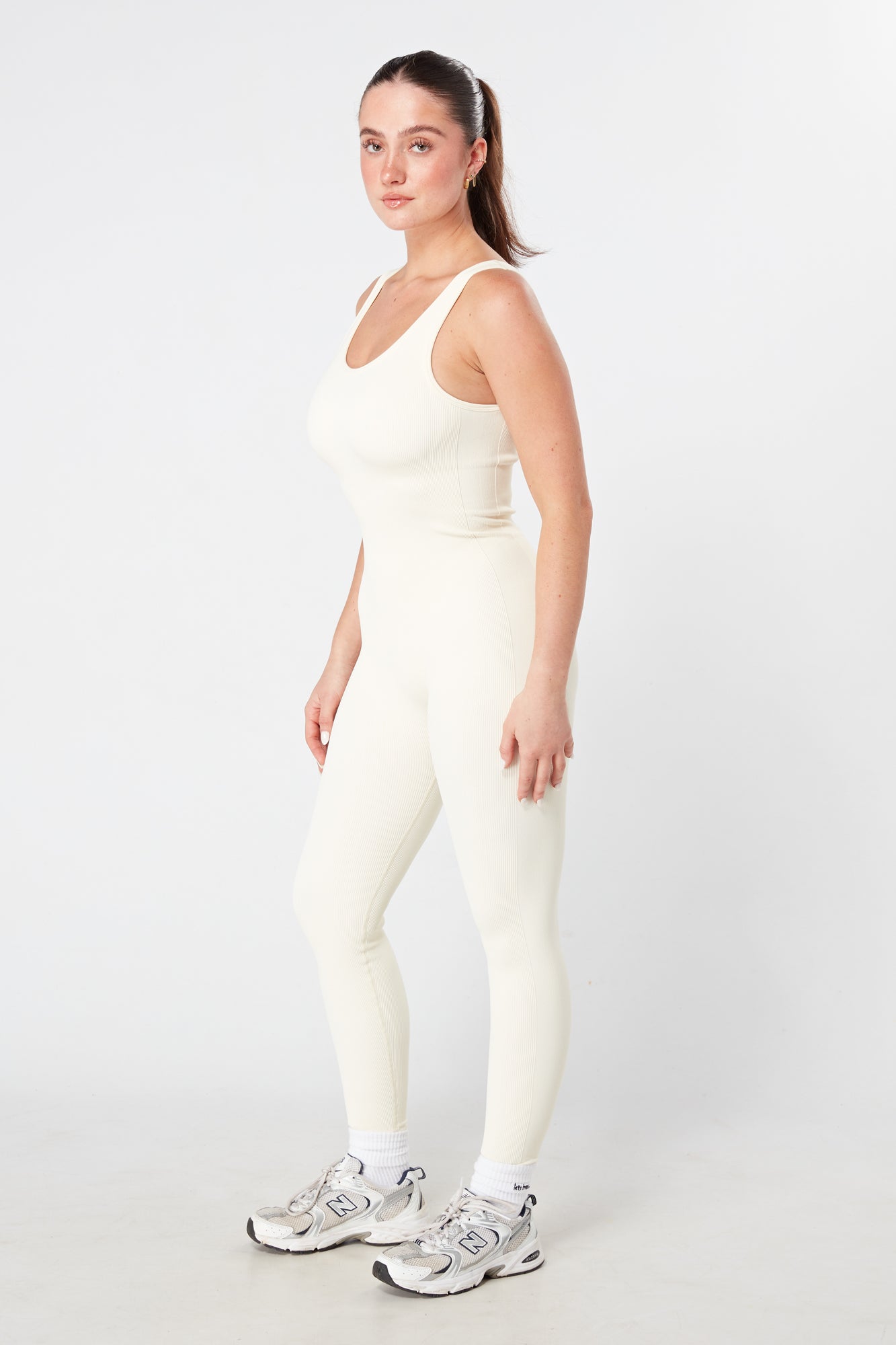 Women's Twill Active Ribbed Unitard Bodysuit - Cream | Stretchy Workout & Dance Wear for Yoga, Gym & Performance