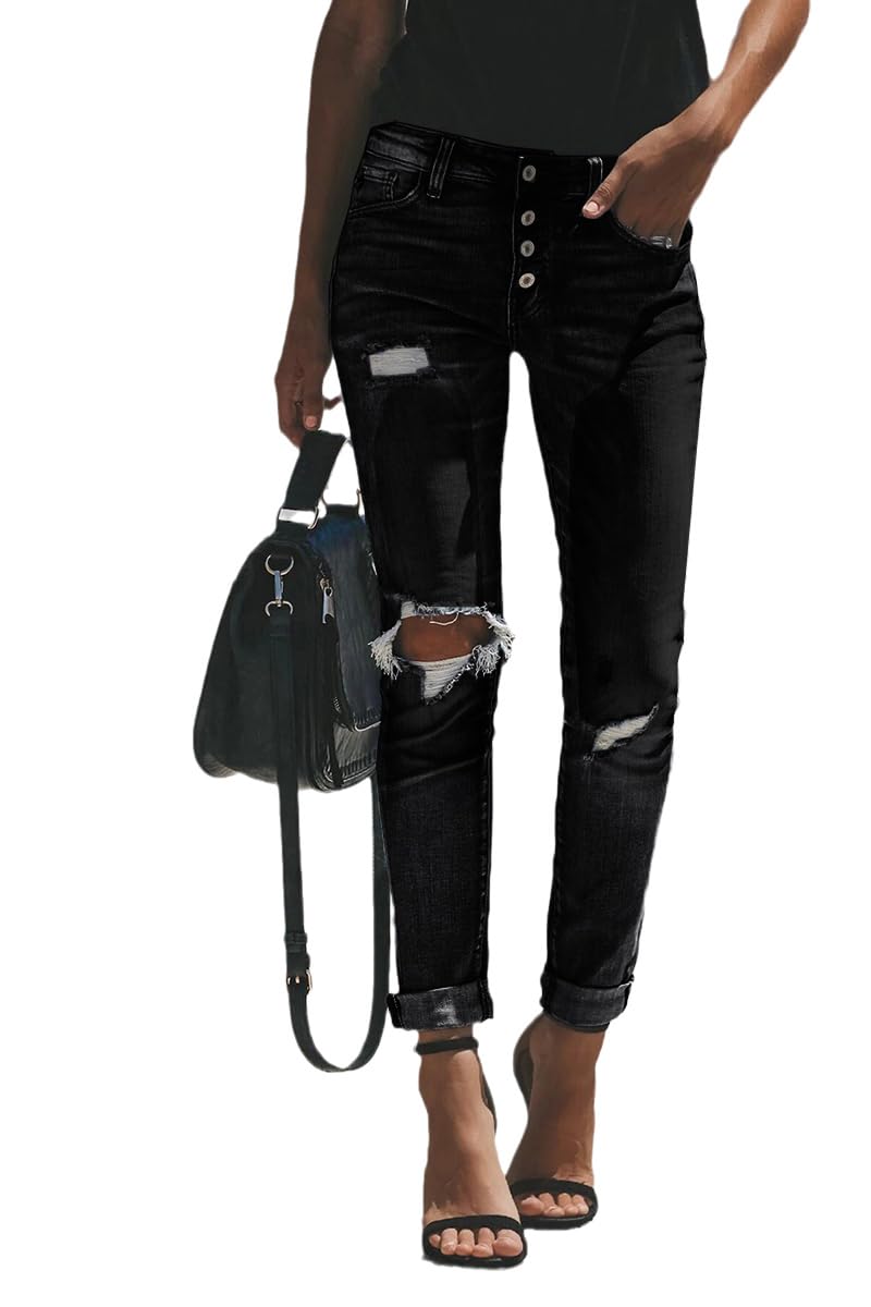 Cordat Women's Ripped Boyfriend Denim Pants - Judy Blue Stretch Skinny Jeans for Casual Wear & Street Style | High Waist Distressed Jeans for Women | Comfortable Stretch Denim for Everyday Outfits