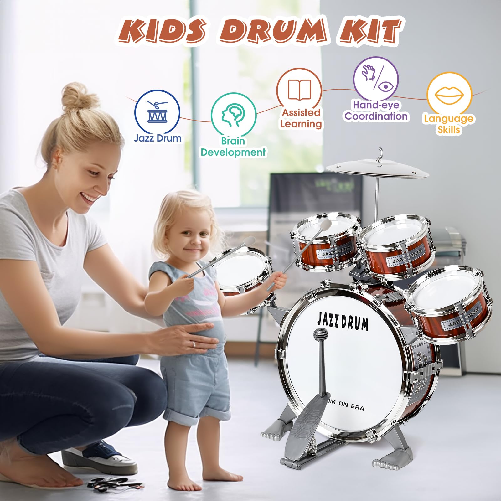 **Kids Toy Drum Set - 5-Piece Toddler Jazz Drum Kit with Sticks, Percussion Musical Instruments for Boys & Girls Ages 3-5 - Perfect Birthday Gift for Preschoolers & Early Childhood Music Play**    *(Use Cases: Indoor Play, Birthday Parties, Music Education, Pretend Play, Early Childhood Development)*