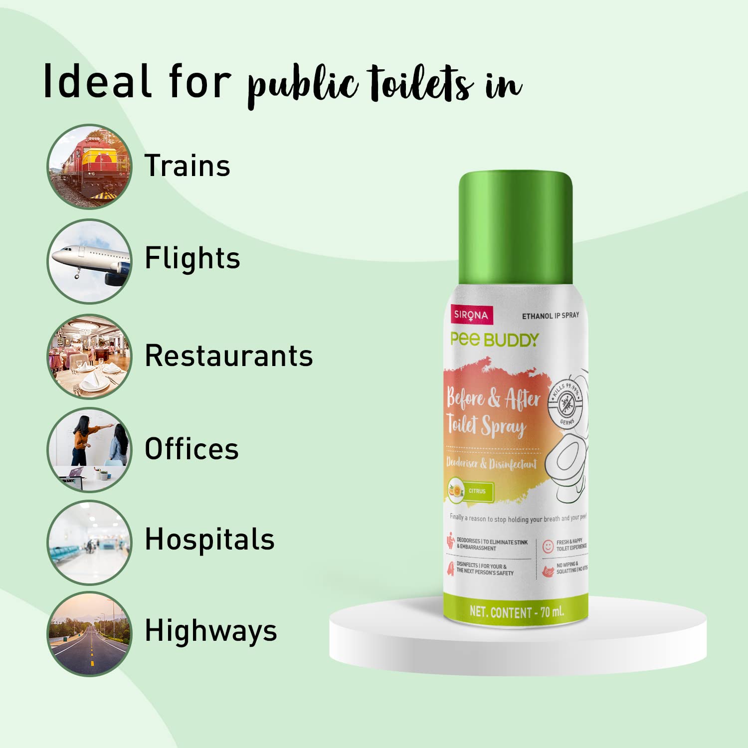 PEE BUDDY Toilet Seat Sanitizer Spray - 70ml Citrus Scent | Kills 99.9% Germs & Prevents UTI | Portable Bathroom Disinfectant & Deodorizer | Travel, Gym & Public Restroom Essential | Safe for Kids & Adults