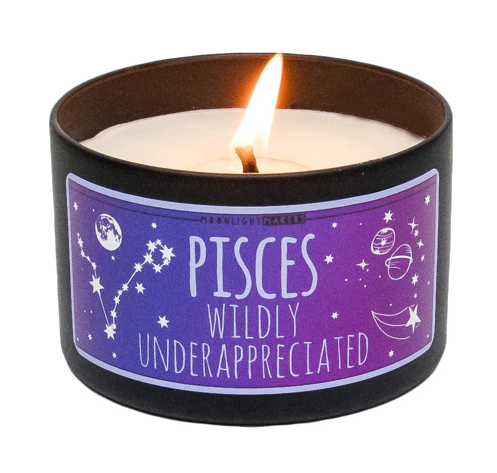 Pisces Zodiac Scented Candle - Caribbean Teakwood Aroma, Handmade Natural Soy Wax Candle, 25+ Hours Burn Time, 8oz Tin | Perfect for Relaxation, Meditation & Home Decor