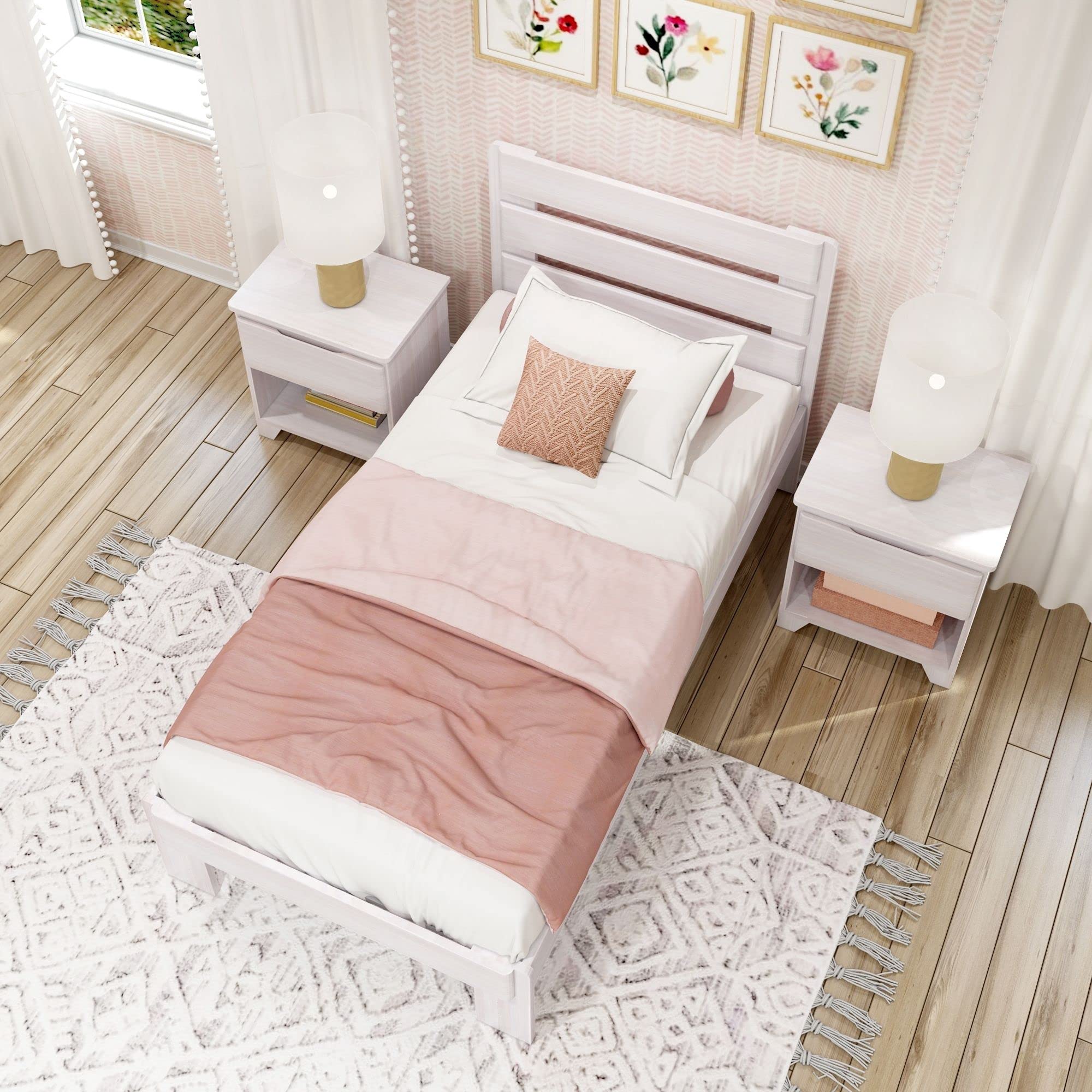 Max & Lily Modern Farmhouse Twin Bed Frame with Headboard - Solid Wood Plank Design in White Wash Finish - Perfect for Kids' Bedroom, Guest Room or Nursery Decor