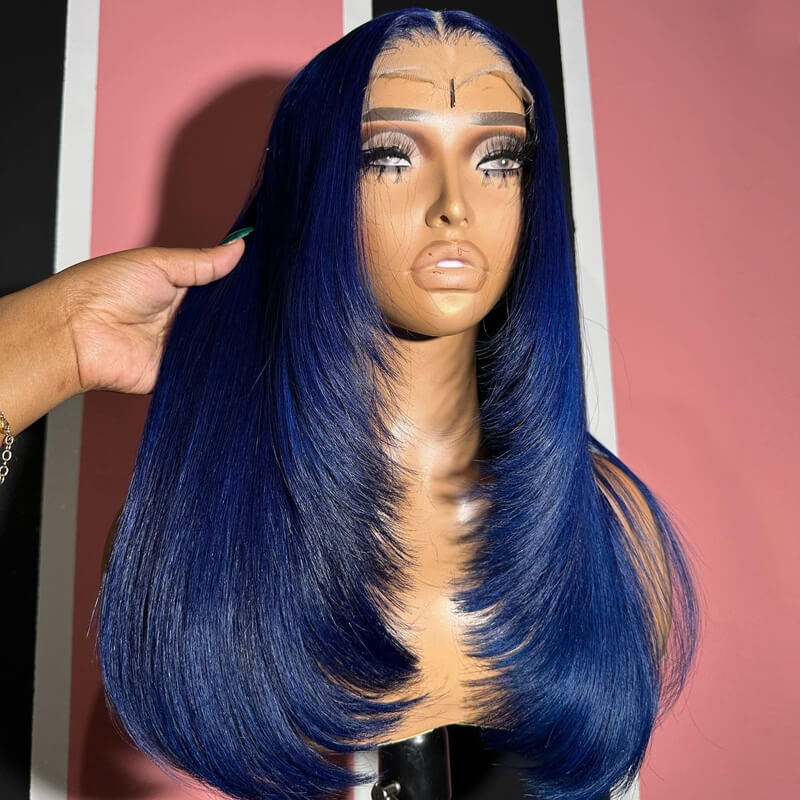 Buy 2 Human Hair Wigs for $159 | 13x4 Lace Frontal Wig with Dak Blue Layered Cut + Free 4x4 Straight Bob Wig | Perfect for Daily Wear, Cosplay & Special Occasions