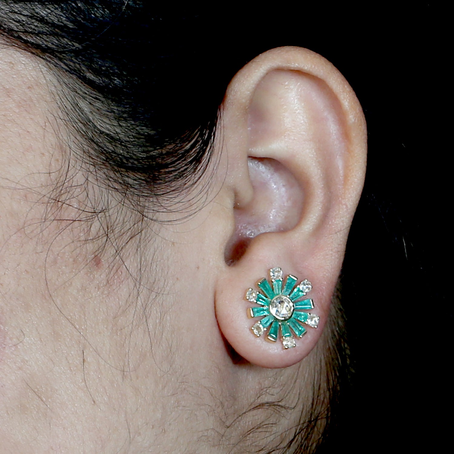 Exquisite Baguette Cut Emerald & Rose Cut Diamond Stud Earrings in 14K Yellow Gold – Perfect for Weddings, Anniversaries, and Special Occasions
