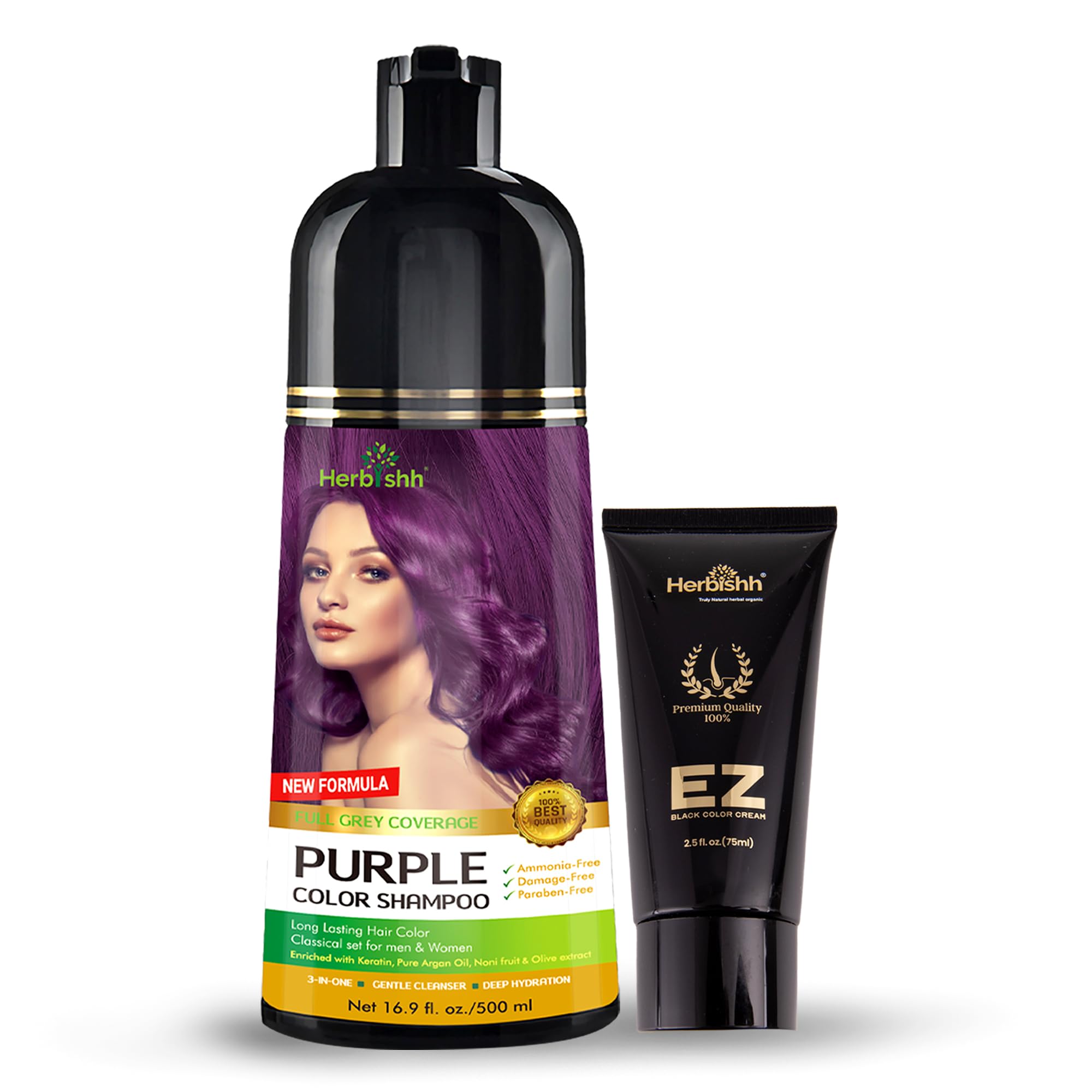 Herbishh Purple Hair Color Shampoo & Gray Coverage Cream Set - 500ml | Permanent Hair Dye for Women & Men | At-Home Salon Treatment for Natural-Looking Gray Coverage (Great for Touch-Ups & Full Color Application)