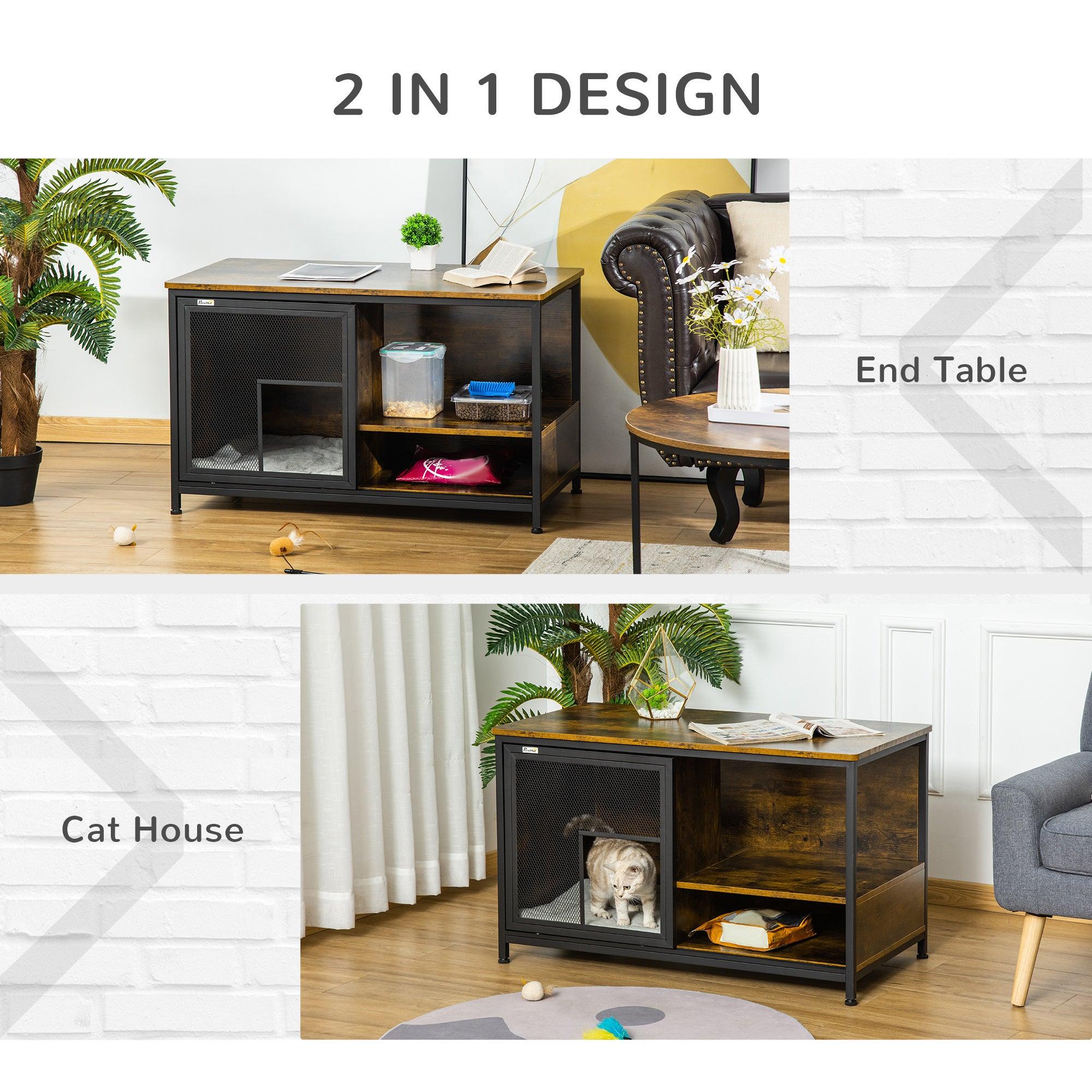 Stylish Wood & Steel Pet House - Cat Kennel & Dog Cage with Cushion, Sliding Doors - Rustic Brown End Table for Living Room, Bedroom Decor