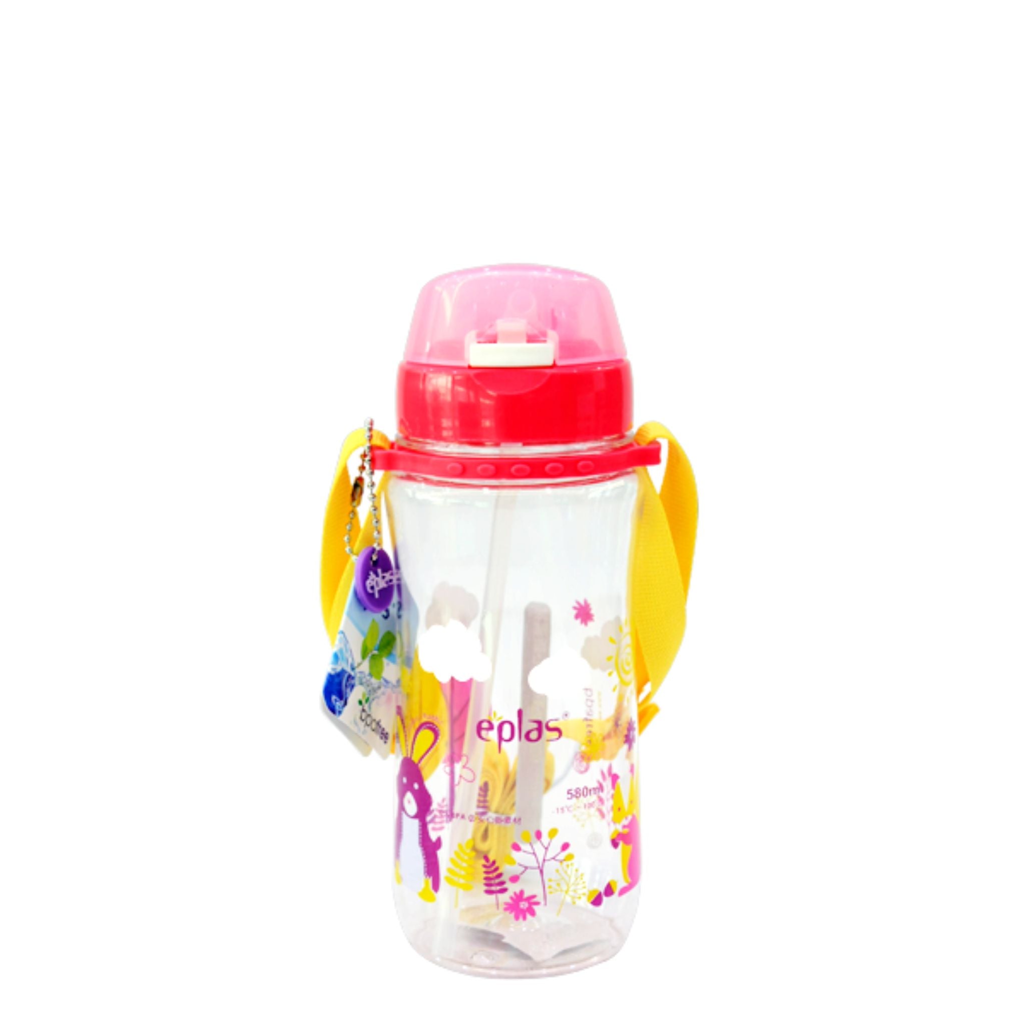 EPLAS Kids' Water Bottle with Push-Button Lid, Straw & Detachable Strap - 580ml/19.6oz BPA-Free Leakproof Bottle for School, Sports & Outdoor Activities - Pink