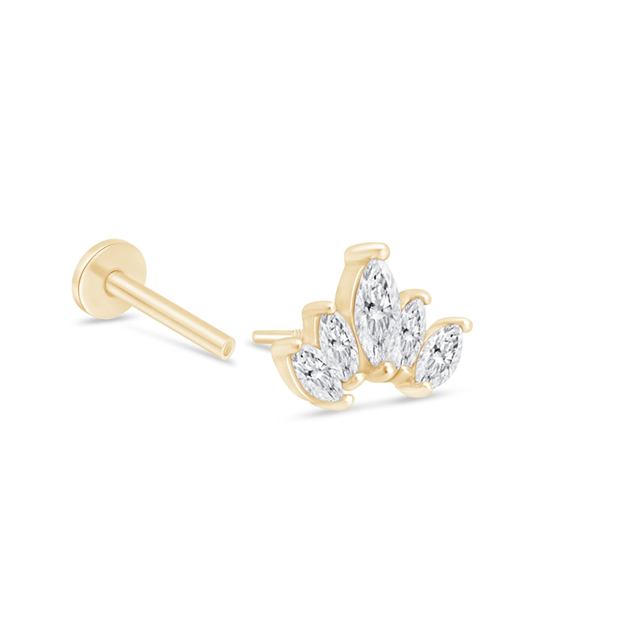 14K Yellow Gold Marquise Cut Five Petal Lotus Stud Earrings - Dainty Floral Jewelry for Women, Perfect for Everyday Wear & Special Occasions