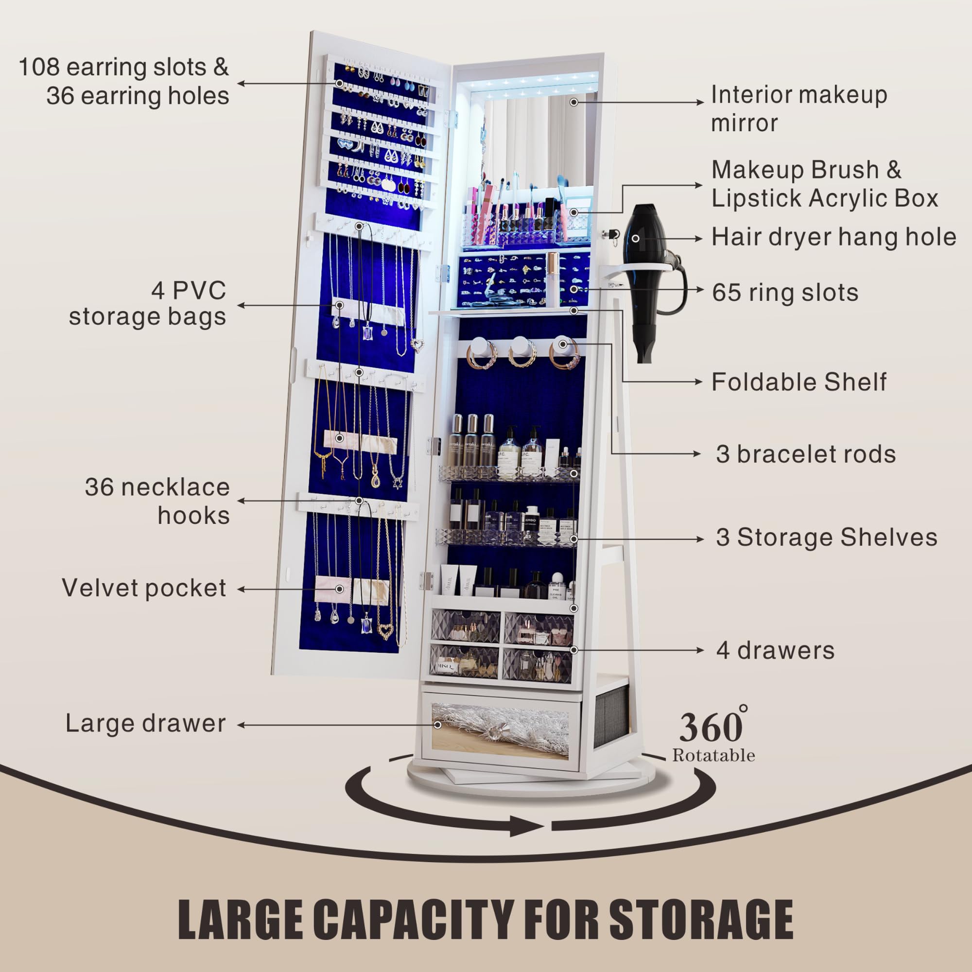 HWB Full-Length Mirror with Jewelry Storage & LED Lights - 360° Swivel Standing Jewelry Cabinet Organizer with Foldable Makeup Shelf - White | Bedroom Vanity, Dressing Room & Closet Organization Solution