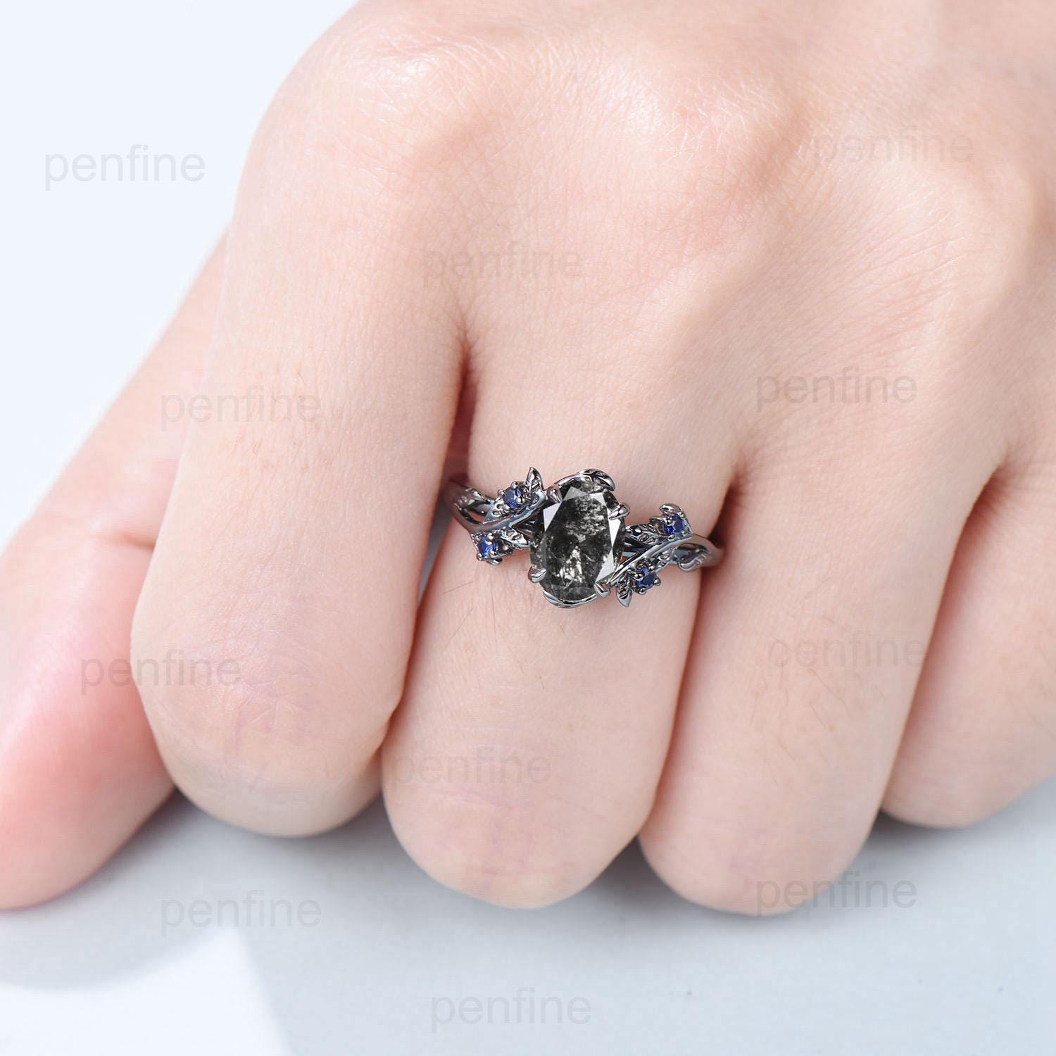 Unique 14K Black Gold Twig Engagement Ring with Salt & Pepper Diamond & Sapphire Cluster - Nature Inspired Wedding Ring for Women - Perfect for Boho, Vintage & Alternative Brides