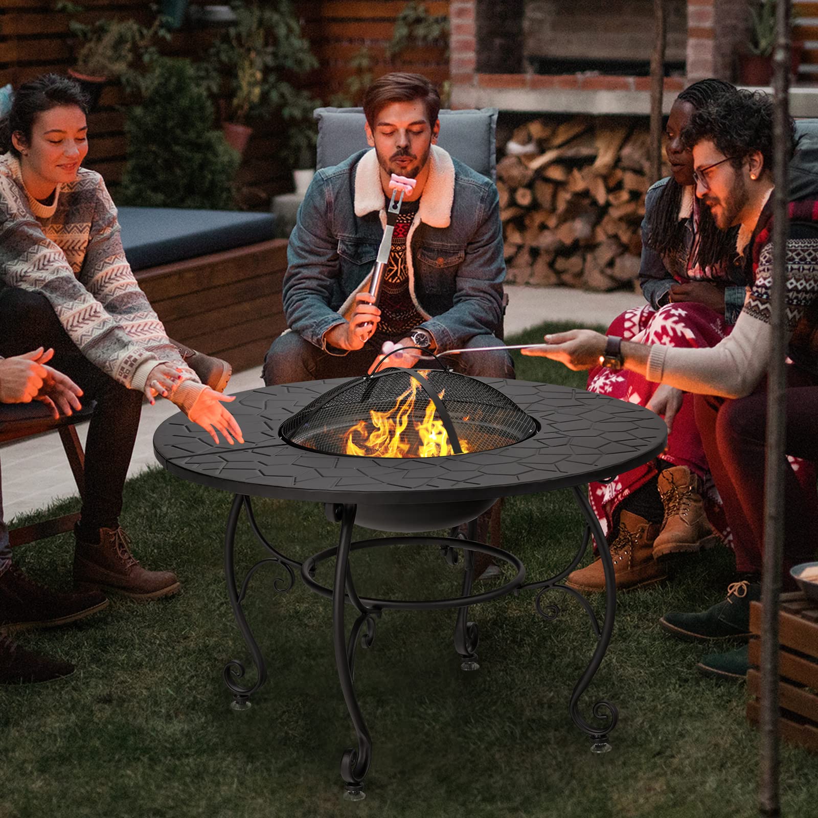 Giantex 36 Inch 4-in-1 Outdoor Fire Pit Table - Round Metal Patio Dining Table with Wood Burning Fire Pit, Cover, Grill Grate & Poker - Perfect for Backyard, Garden, Poolside & Outdoor Gatherings