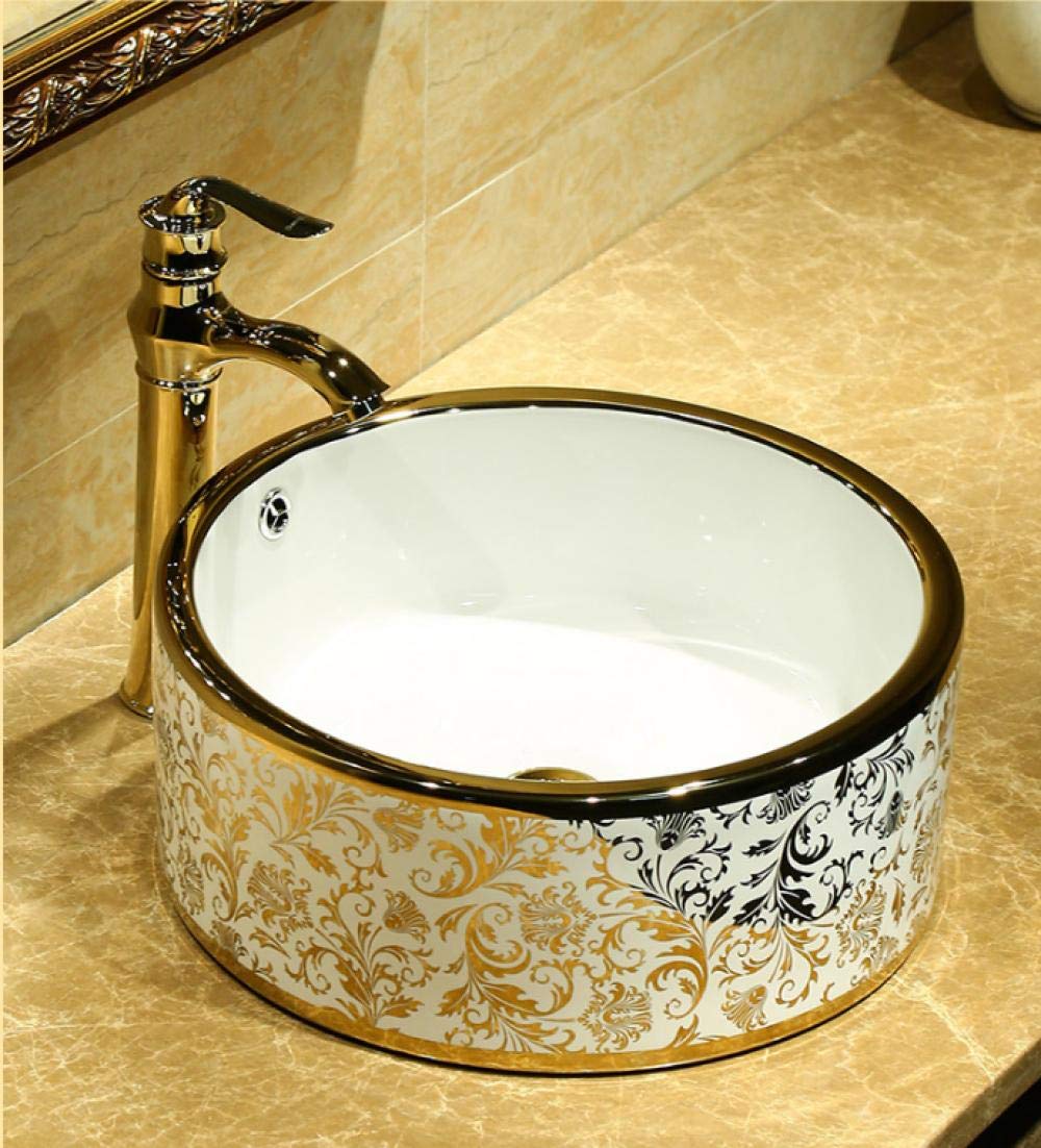 Golden Pattern Ceramic Vessel Sink - Round Above Counter Bathroom Basin with Art Design for Modern Vanity & Powder Room Decor | Perfect for Master Bath, Guest Bath & Luxury Home Renovation
