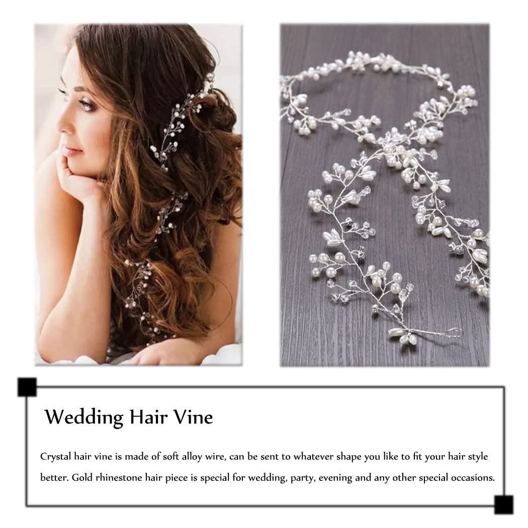 Bride Pearl Hair Vine - Silver Rhinestone Headpiece for Wedding & Bridal - Perfect for Boho & Vintage Styles