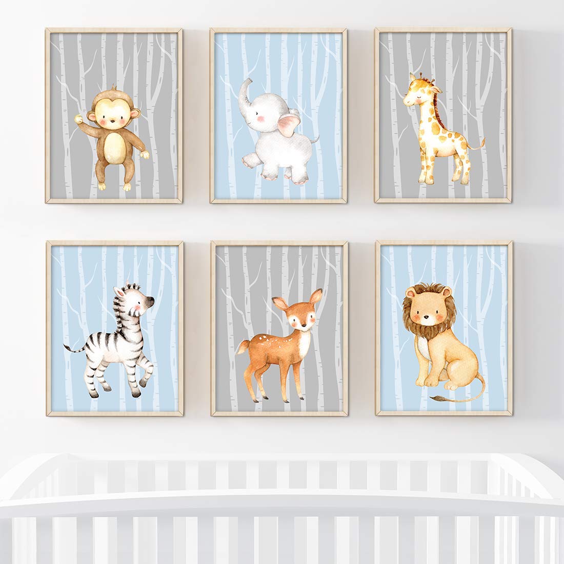 Jungle Safari Theme Nursery Wall Art - 6-Pack Unframed Posters (8.5x11 Inch) with Lion, Zebra, Giraffe, Elephant & Monkey Graphics - Blue Gray Trees Design - Perfect for Kids Room Decor & Baby Shower Gifts