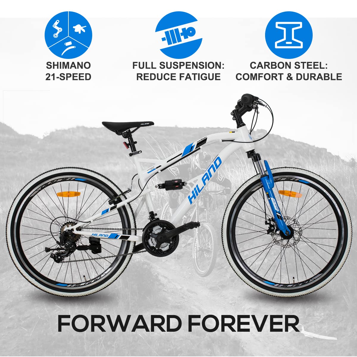 HILAND 26 Inch Full-Suspension Mountain Bike for Men & Women - 21 Speed Drivetrain, Durable MTB for Trail Riding & Outdoor Adventures