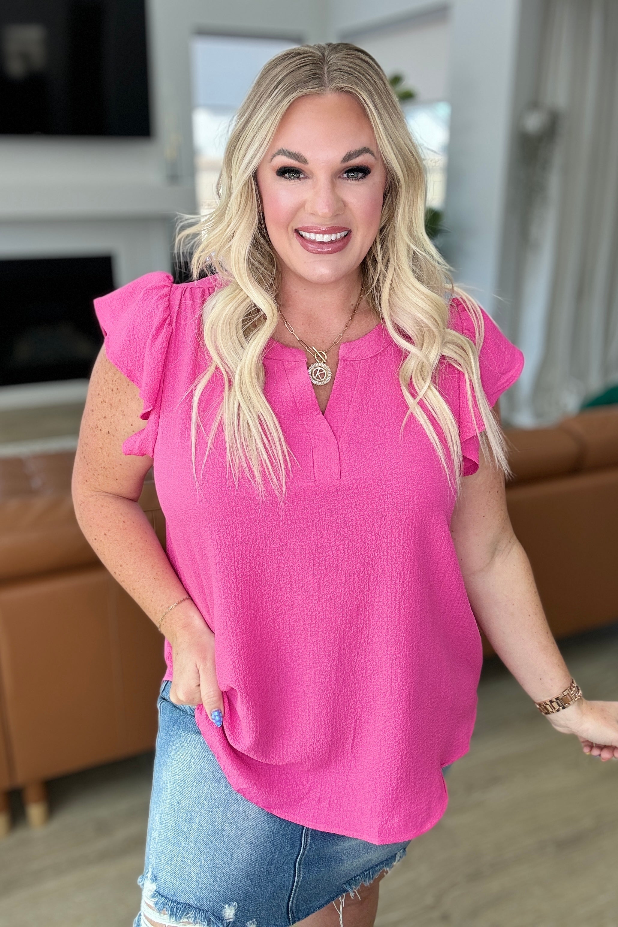 Hot Pink Crinkle Split Neckline Flutter Sleeve Blouse for Women | Trendy Summer Tops | Perfect for Date Night & Beach Vacations