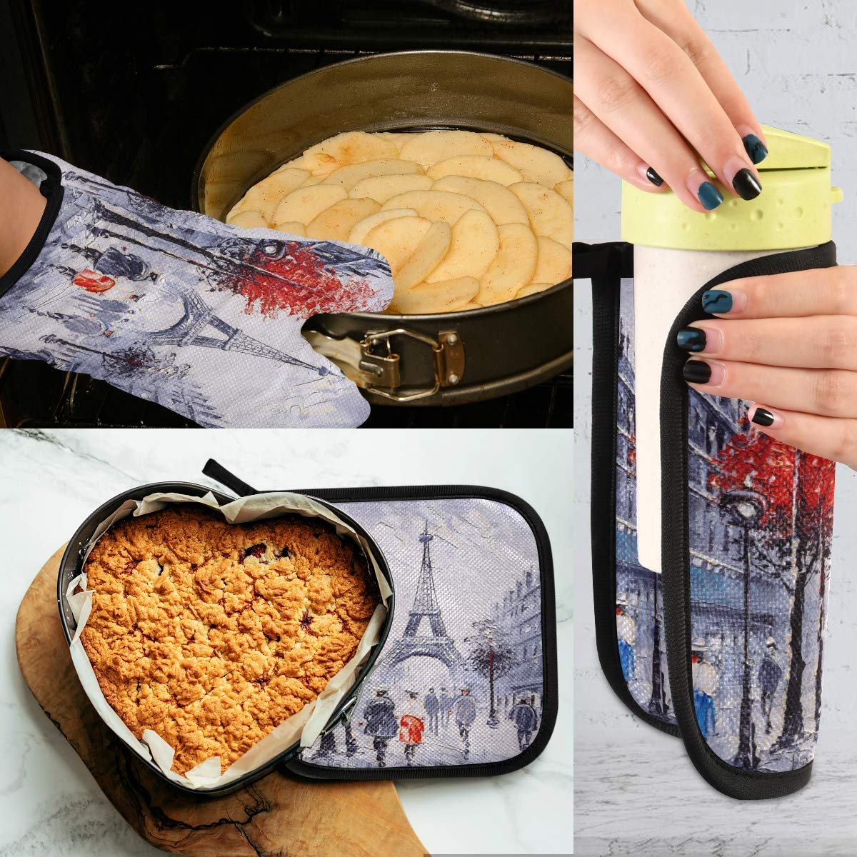 ALAZA Heat Resistant Oven Mitts & Pot Holders Set - Paris Eiffel Tower Art Painting Kitchen Gloves for Cooking, Baking, Grilling - Perfect for French-Themed Kitchens & Gift Giving