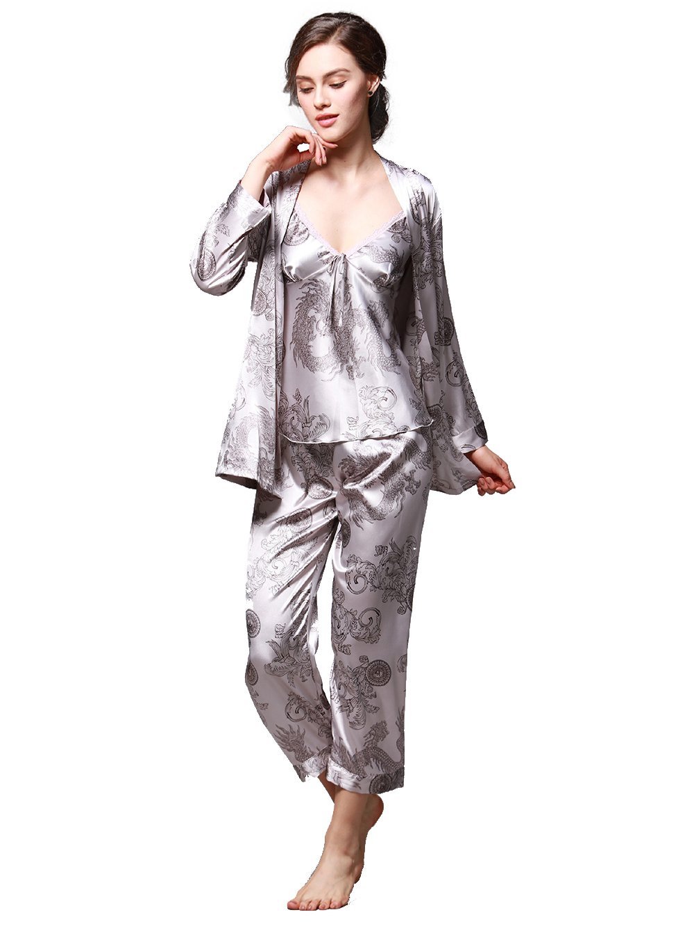Baress Women's Satin 3-Piece Pajama Set - Long Sleeve Nightwear with Pants | Soft & Comfortable Sleepwear for Lounge, Travel & Gift Giving