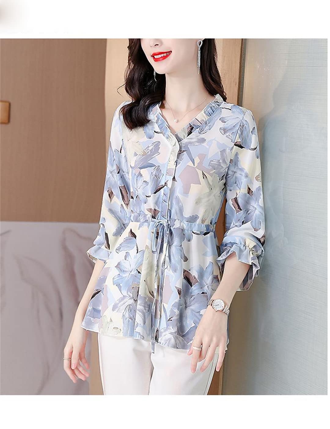 Boho Floral Print V-Neck Long Sleeve Blouse for Women - Loose Fit Drawstring Tops in Blue XL | Perfect for Casual Outings, Beach Cover-Ups & Festival Fashion