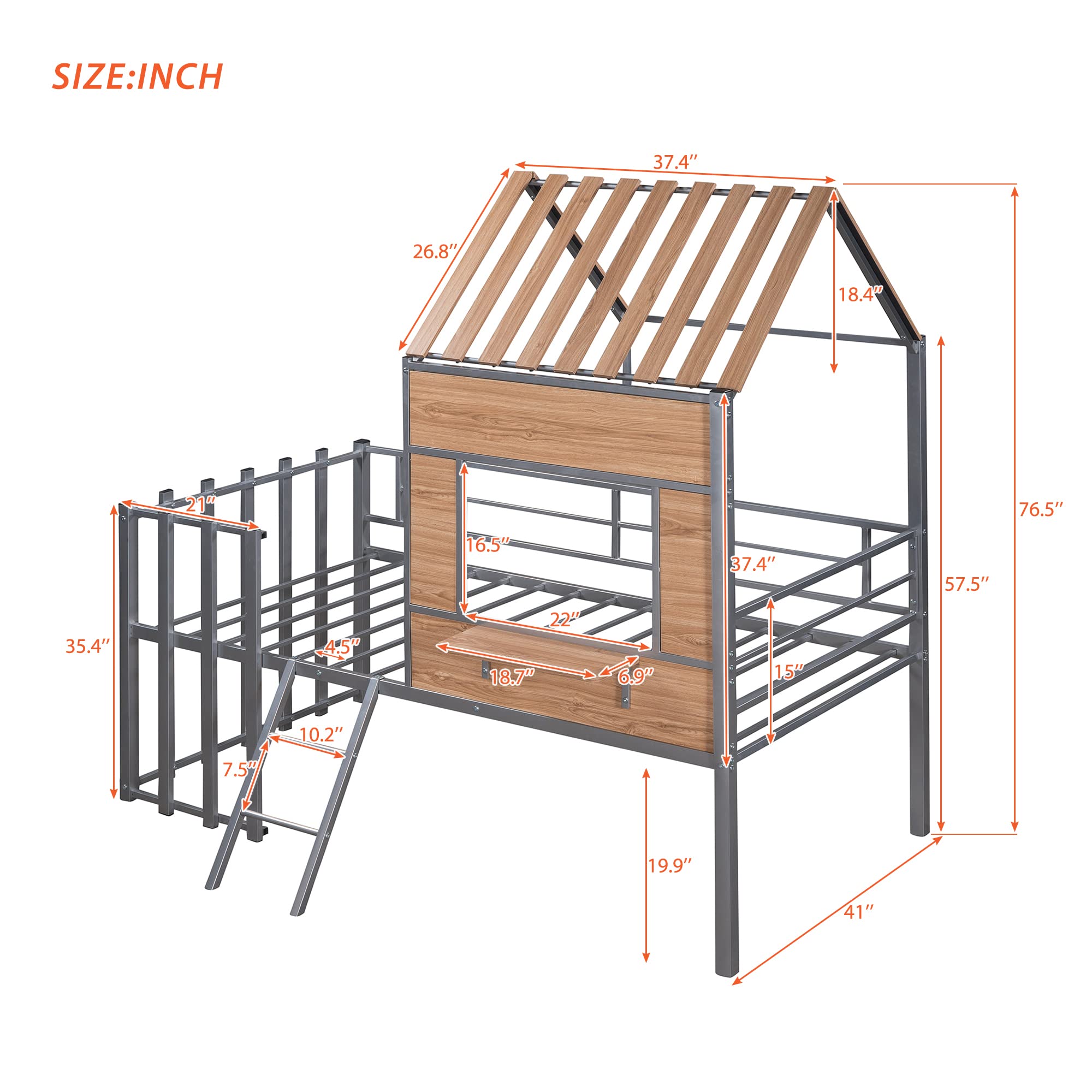 **Twin Size Kids Low Loft Bed with Roof & Window - Sturdy Metal Frame, Guardrail & Ladder - Silver | Perfect for Small Bedrooms, Playrooms & Sleepovers**