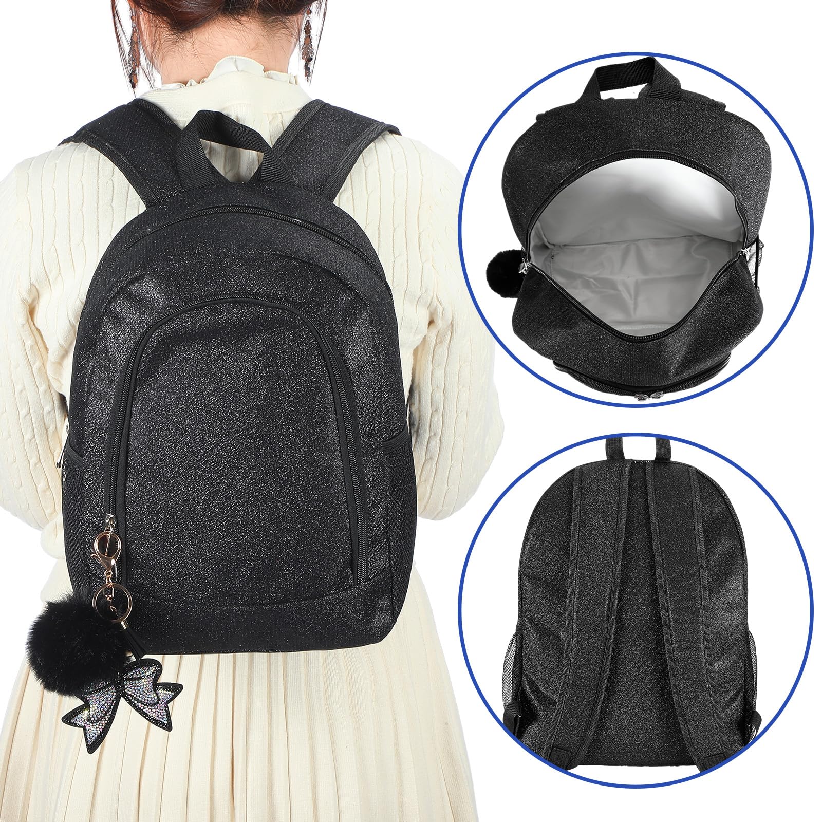 Cheer Backpack with Bow Keychain - Glitter Cheerleading Bag for Sports & Gifts (Black, Small) - Perfect for Games & Practice