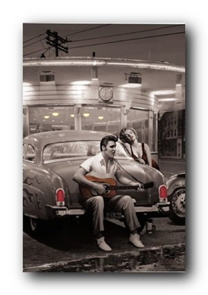 Picture Peddler Laminated Legendary Crossroads Poster - Chris Consani Artwork Featuring Elvis, Marilyn & Classic Cars (24x36 Inches) - Perfect for Music & Movie Themed Rooms, Man Caves & Retro Decor