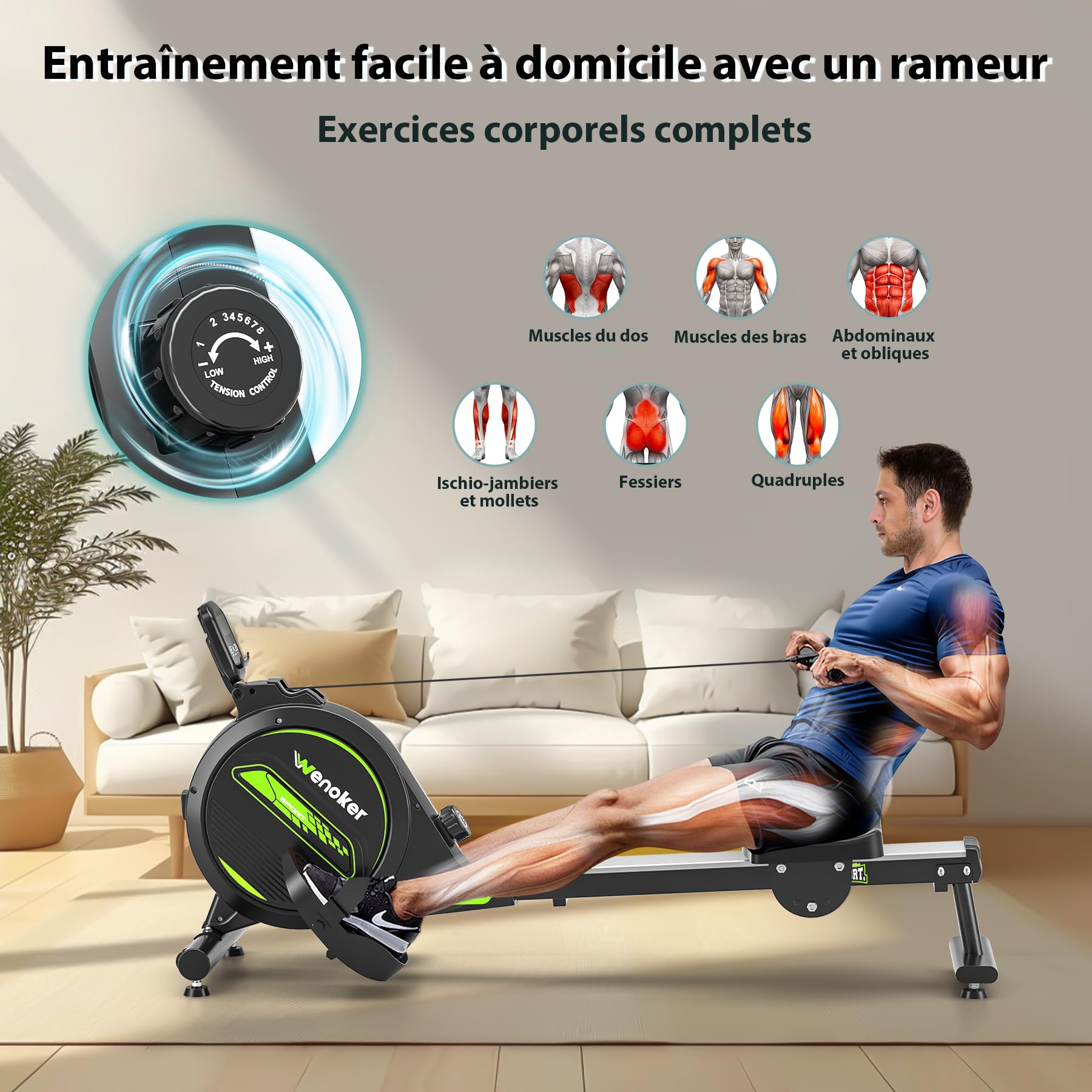 Wenoker Magnetic Rowing Machine for Home Gym - 160kg Capacity Indoor Rower with LCD Monitor - Perfect for Cardio Workouts, Full-Body Training & Home Fitness