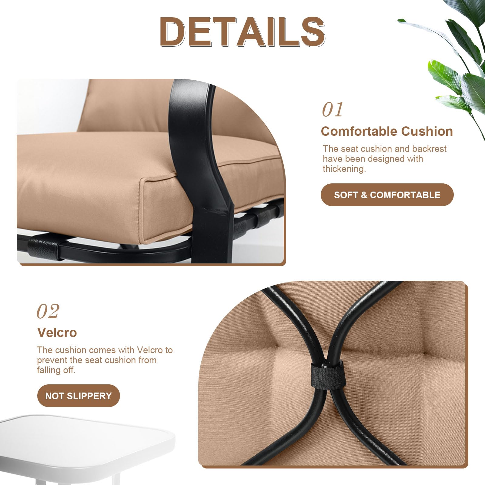 Crownland Outdoor Rocking Chairs 3-Piece Patio Set with Bistro Table - Black Iron Frame with Thickened Cushions & Glass Coffee Table - Brown - Perfect for Garden, Porch, Backyard Relaxation and Outdoor Entertaining