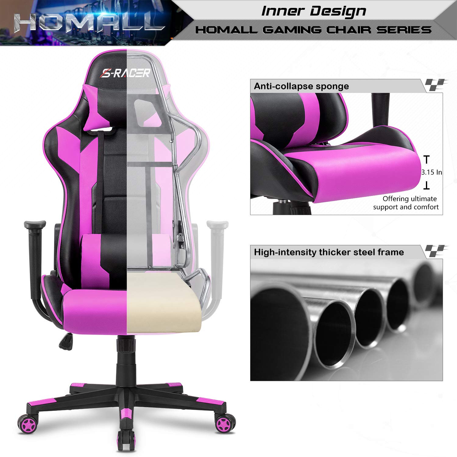 Homall Ergonomic Gaming Chair - High Back Office Chair with Adjustable Headrest & Lumbar Support, Leather Computer Desk Chair for Racing, Executive & Home Use - Perfect for Gaming, Work & Study (Violet)