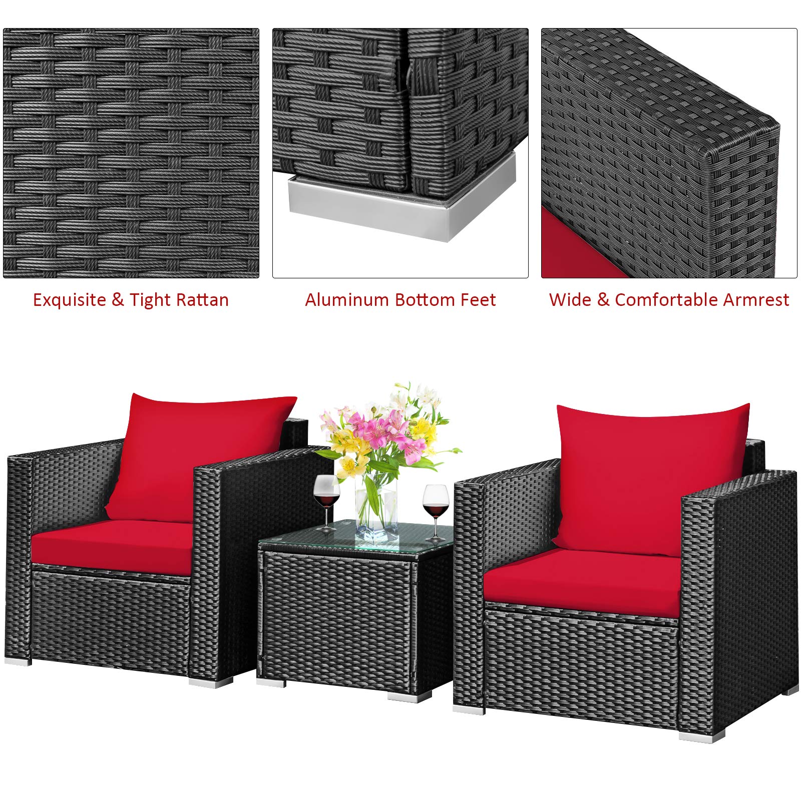 Tangkula 3-Piece Outdoor Patio Furniture Set - PE Rattan Wicker Sofa with Washable Cushions & Tempered Glass Table - Garden, Poolside, Backyard Conversation Set (Red) | Perfect for Outdoor Relaxation, Entertaining Guests, and Lounging by the Pool