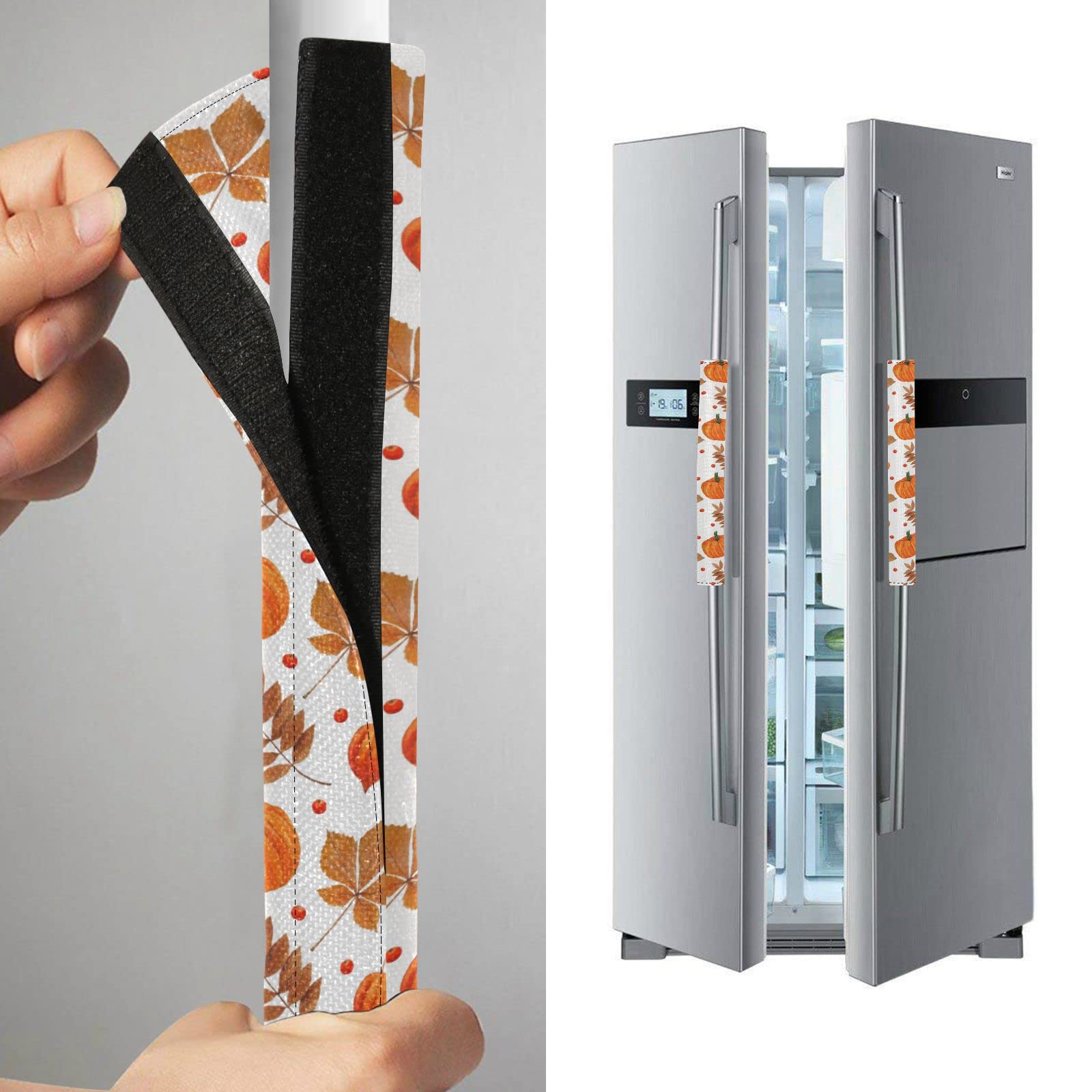 Autumn Maple Leaves Pumpkin Refrigerator Handle Covers - Set of 2 Non-Slip Kitchen Appliance Protectors for Fridge, Microwave & Dishwasher - Fall Berry Design Home Decor for Cozy Thanksgiving & Holiday Season