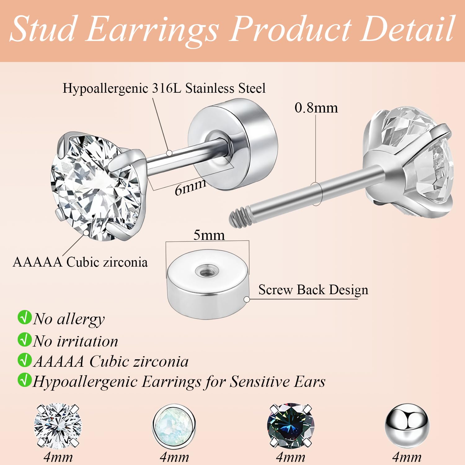 Hypoallergenic Surgical Steel Flat Back Earrings Set for Sensitive Ears - Cartilage Huggie Hoop & CZ Opal Stud Earrings for Women & Men | Perfect for Multiple Piercings, Daily Wear & Gifts