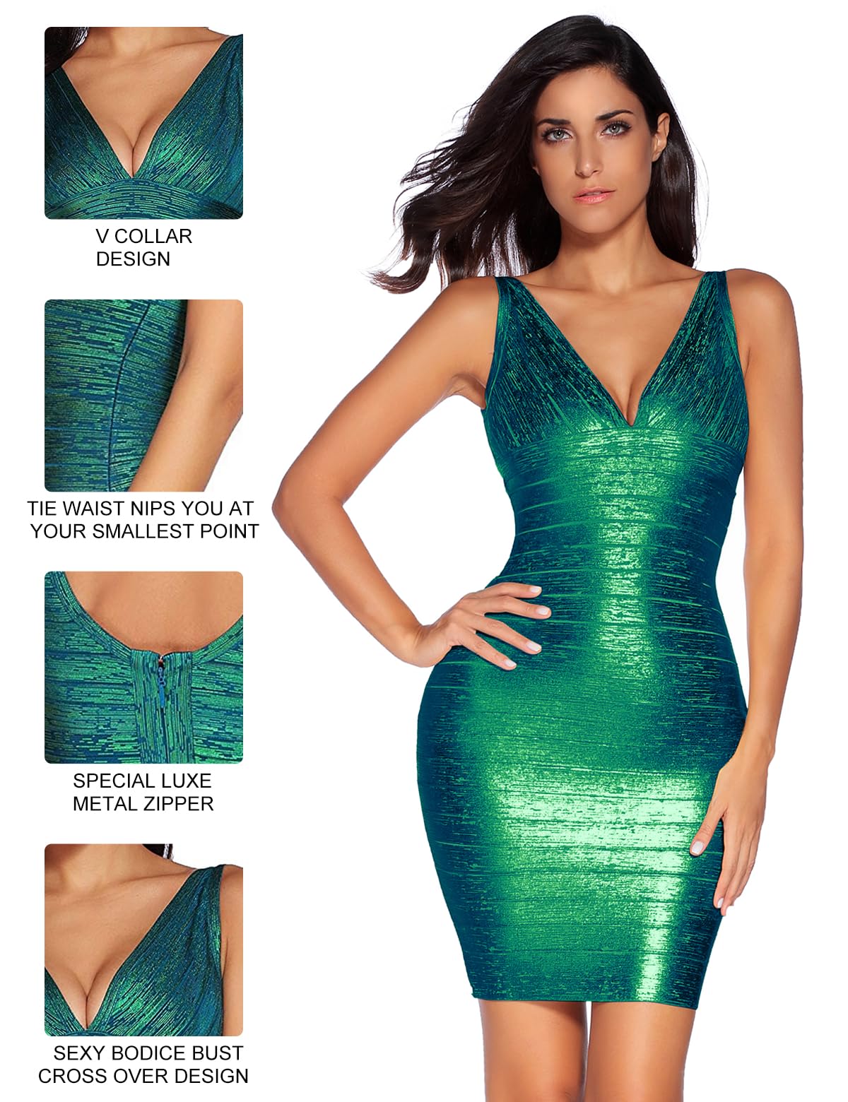 Meilun Sexy V-Neck Bandage Bodycon Cocktail Dress for Wedding Guest, Strap Foil Formal Evening Gown - Perfect for Parties, Date Nights & Special Occasions