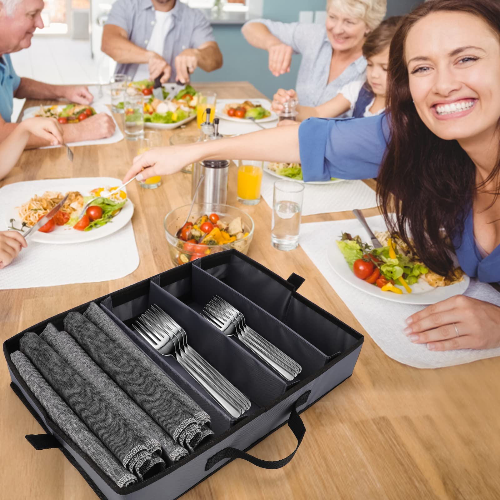 Premium Silverware Storage Box with Clear Lid & Adjustable Dividers - Large Capacity Cutlery Organizer for Utensils, Knives, Flatware - Perfect for Kitchen Drawer, Dining Table & Camping (Gray)