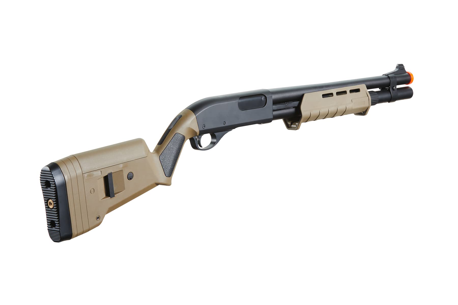 Golden Eagle M870 Pump Action Airsoft Shotgun - 350 FPS, 3/6-Shot Capacity, MLOCK Style, Tan Color with Holder - Perfect for Airsoft Battles, Tactical Training & Outdoor Shooting Games