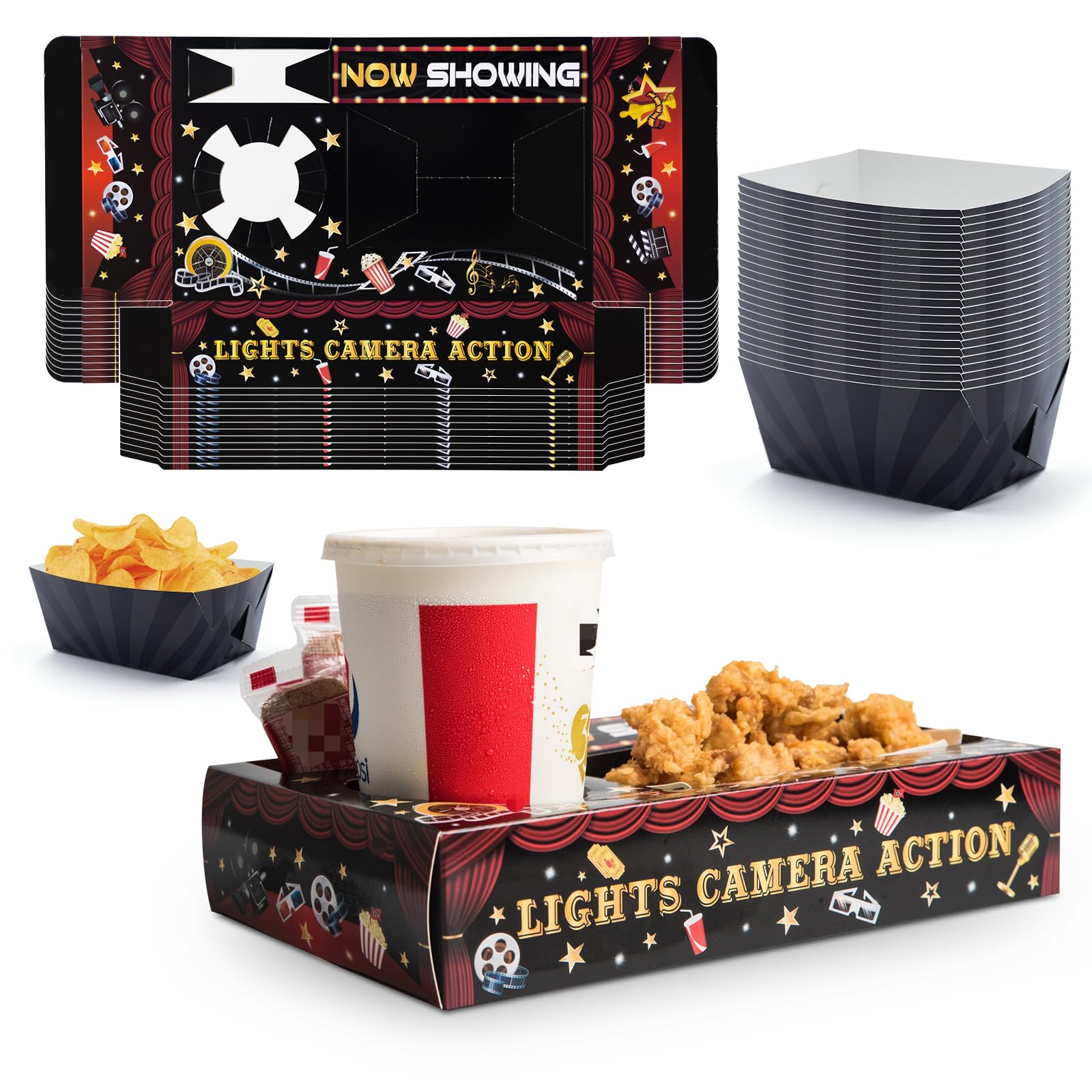 48 Pcs Movie Night Paper Snack Trays - Cinema Theme Party Supplies for Birthday, Red Carpet & Family Movie Nights - Perfect for Popcorn, Drinks & Candy - Disposable Serving Trays for Home Theater & Outdoor Movie Events