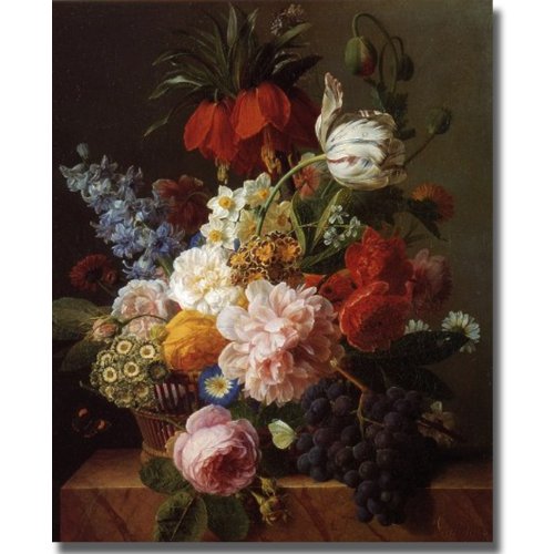 Van Dael Premium Stretched Canvas Wall Art - Flowers and Fruit Still Life Painting - Ready to Hang Home Decor for Living Room, Bedroom & Office
