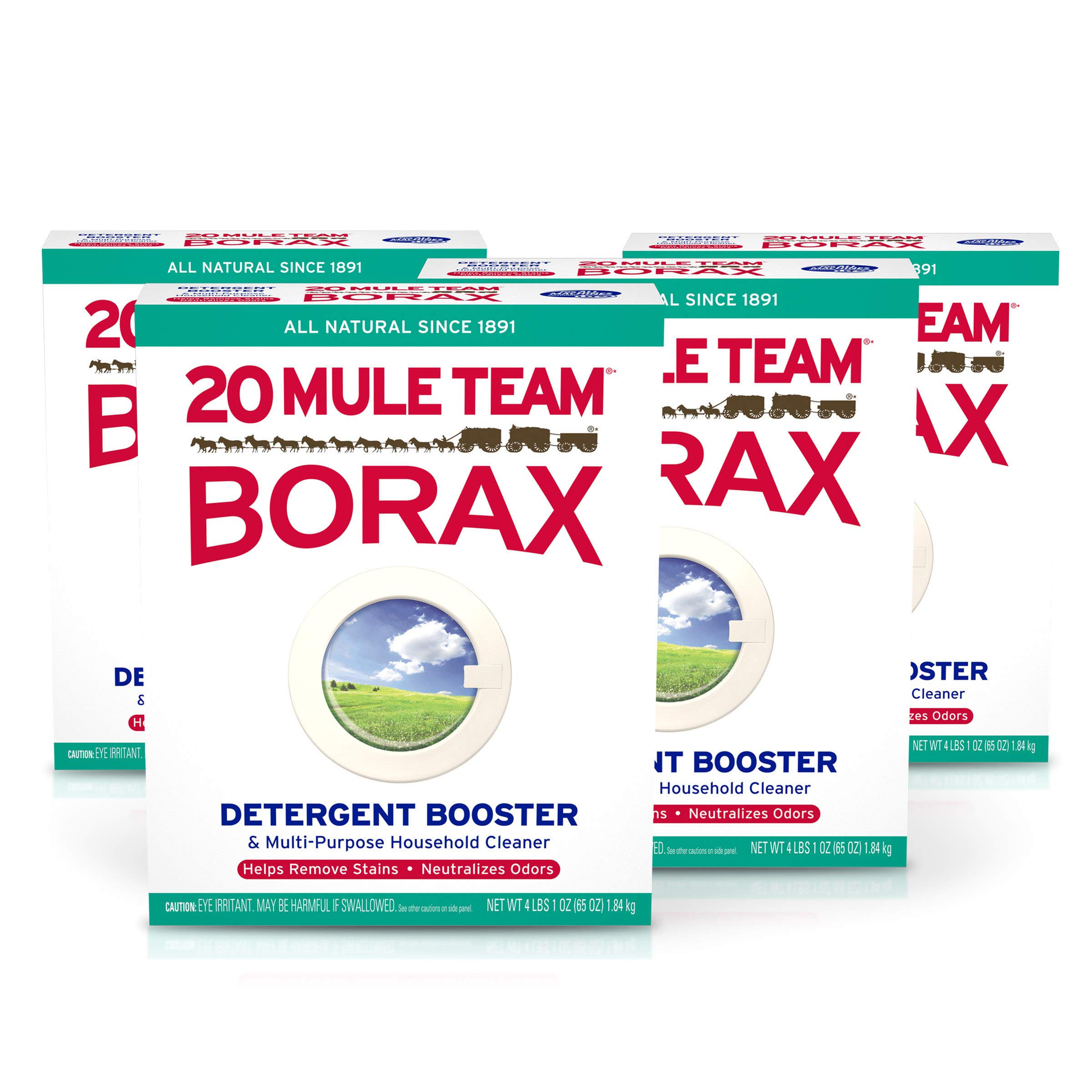 Arm & Hammer Powder Laundry Detergent 18lb + 20 Mule Team Borax Detergent Booster & Cleaner 4-Pack | Heavy Duty Stain Removal for Clothes, Towels & Bedding | Ideal for Large Families & Deep Cleaning