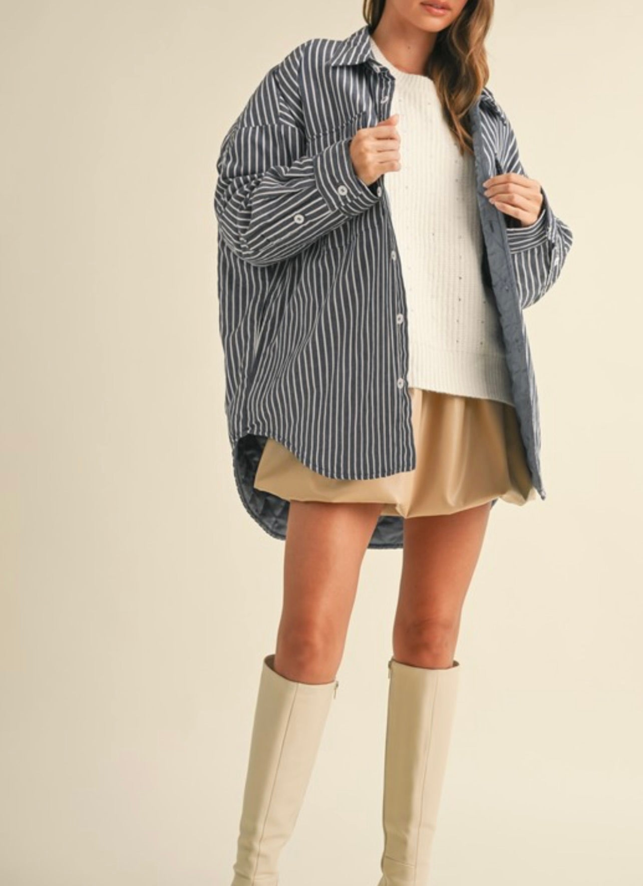 Blue Striped Padded Oversized Shacket for Women - Cozy Winter Layering & Casual Outfit Essential